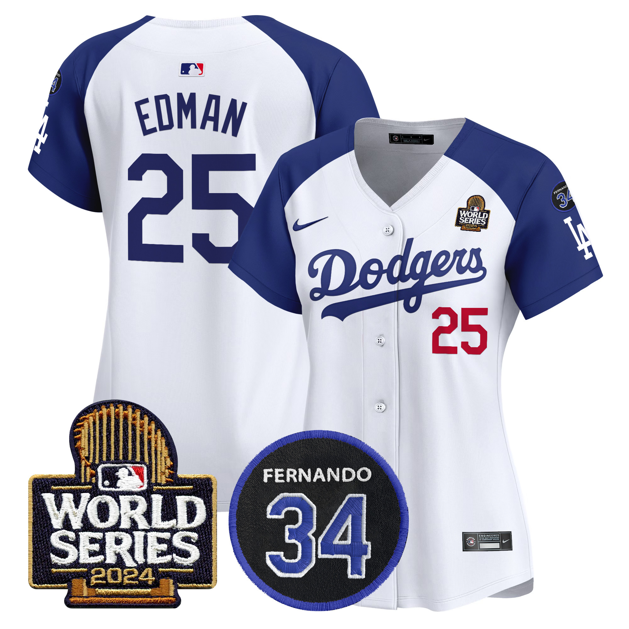 Tommy Edman Women's Los Angeles Dodgers Fernando Memorial & 2024 World Series Patch Vapor Premier Limited Alternate White Jersey V2 - All Stitched