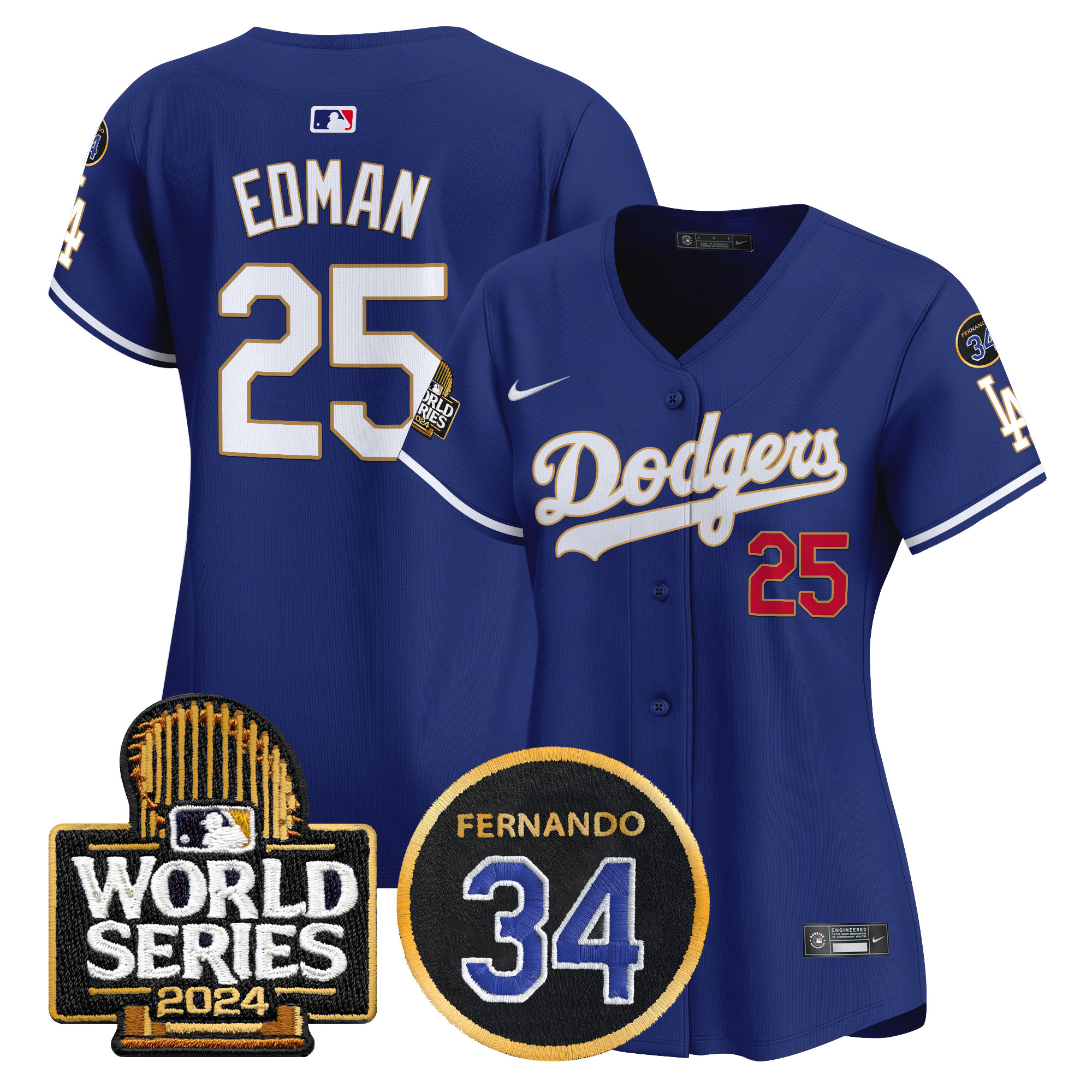 Tommy Edman Women's Los Angeles Dodgers Fernando Memorial & 2024 World Series Patch Vapor Premier Limited Royal Jersey - All Stitched