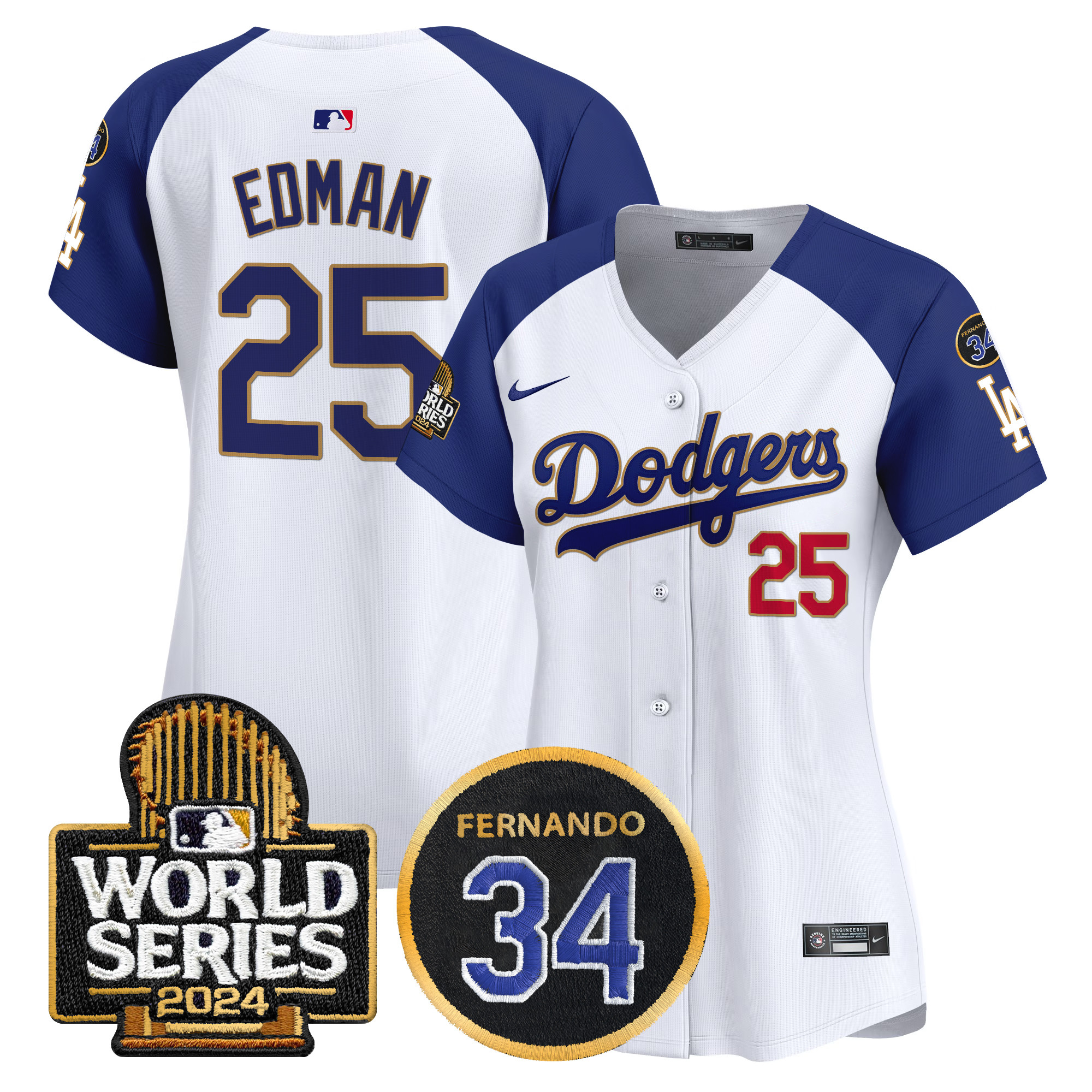 Tommy Edman Women's Los Angeles Dodgers Fernando Memorial & 2024 World Series Patch Vapor Premier Limited White Alternate Jersey - All Stitched