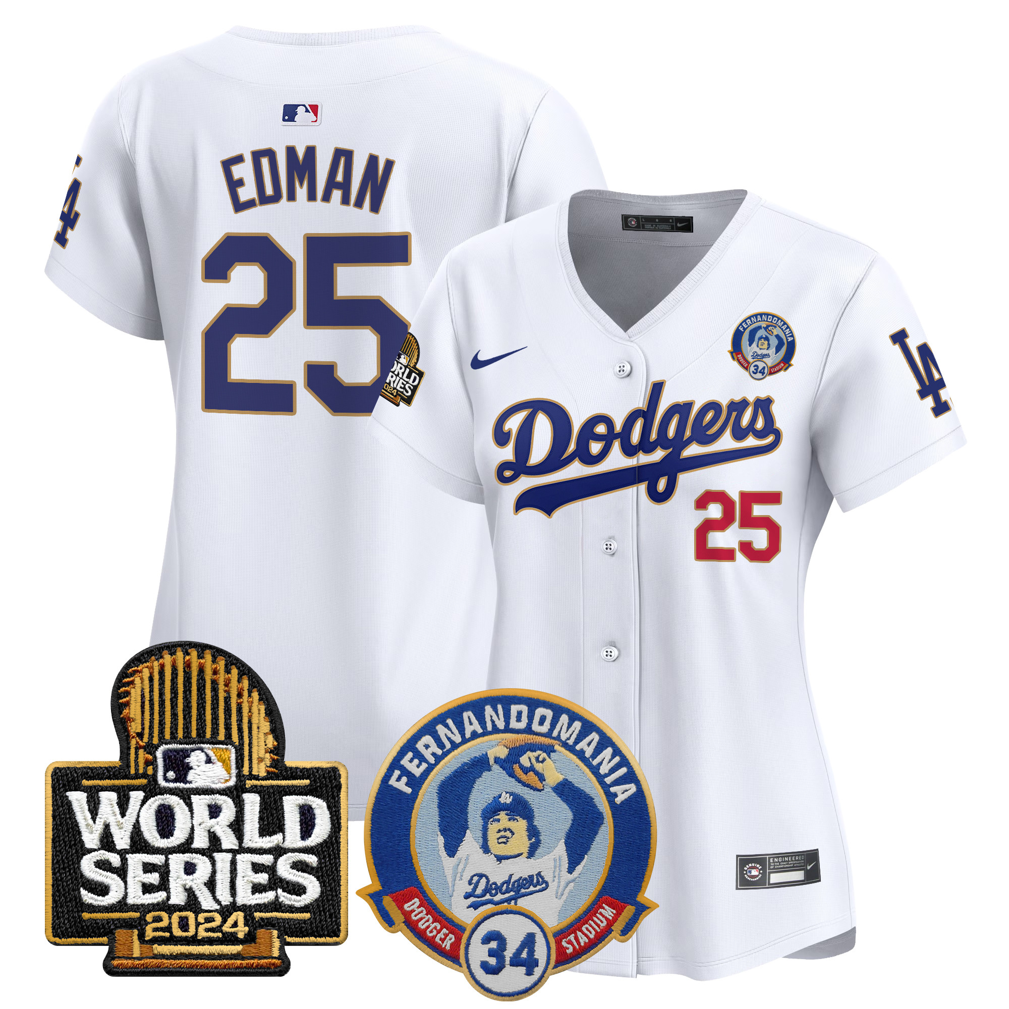 Tommy Edman Women's Los Angeles Dodgers Fernando Valenzuela & 2024 World Series Patch Vapor Premier Limited White Jersey - All Stitched