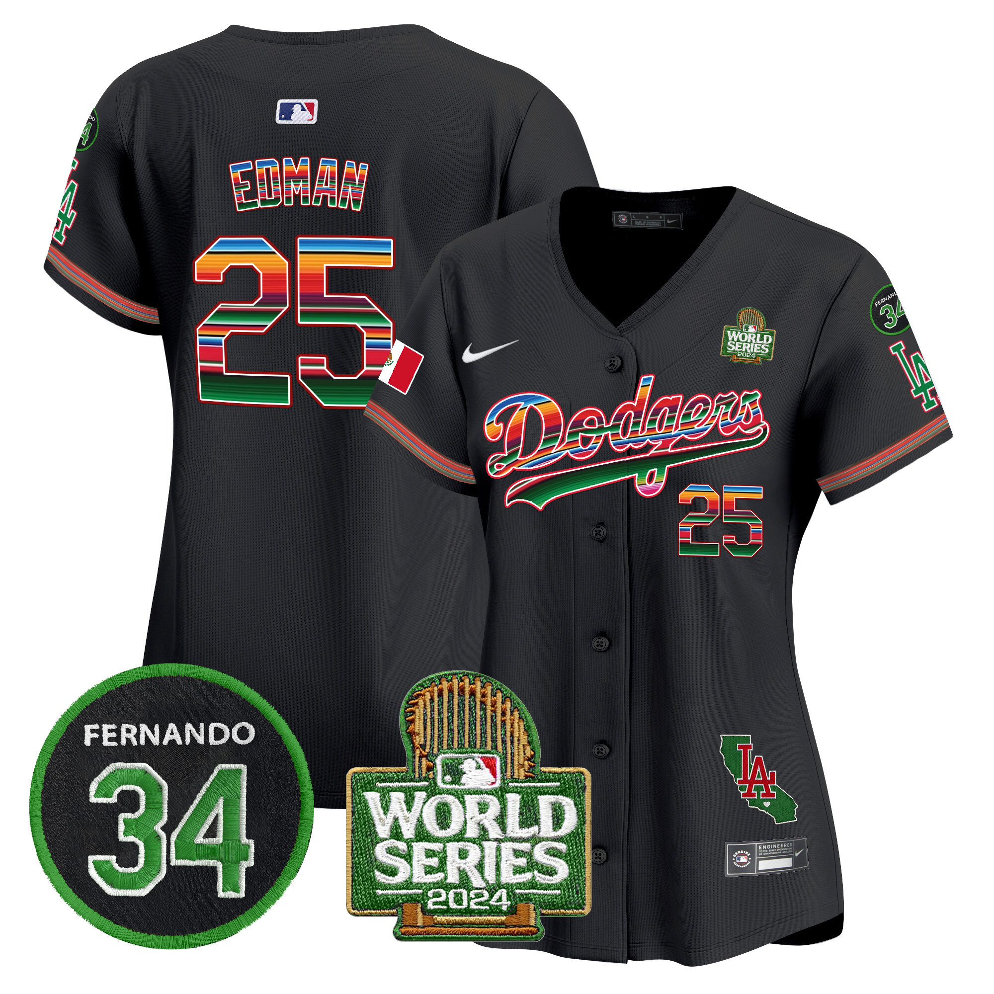 Tommy Edman Women's Los Angeles Dodgers Mexico Fernando Memorial & 2024 World Series Patch Vapor Premier Limited Black Jersey V2 - All Stitched