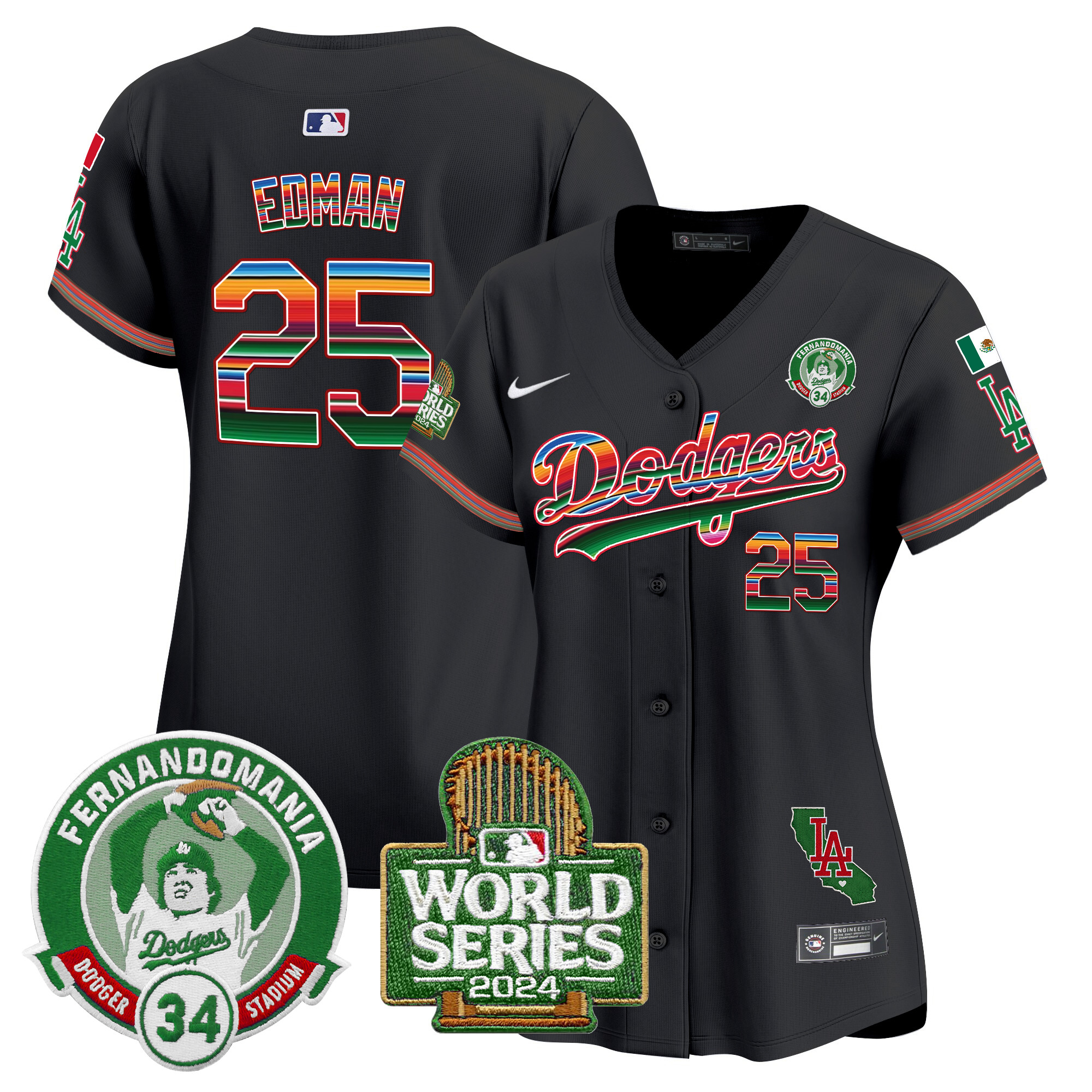 Tommy Edman Women's Los Angeles Dodgers Mexico Fernando Valenzuela & 2024 World Series Patch Vapor Premier Limited Black Jersey - All Stitched