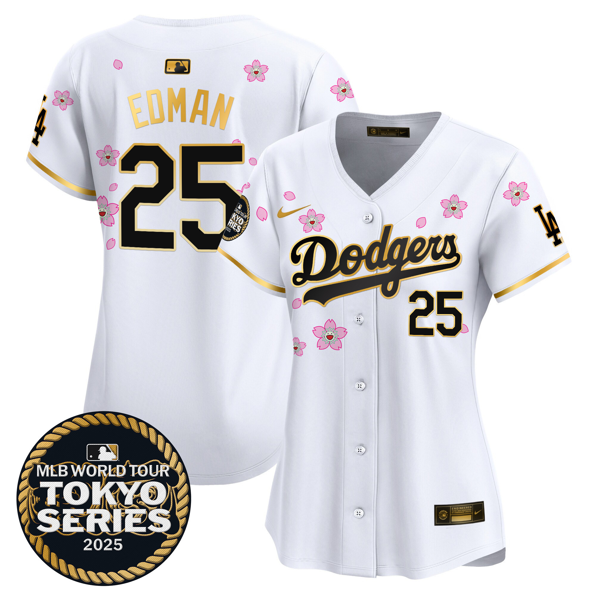 Tommy Edman Women's Los Angeles Dodgers Tokyo Series 2025 Gold Trim Vapor Premier Limited White Gold Jersey V2 - Stitched