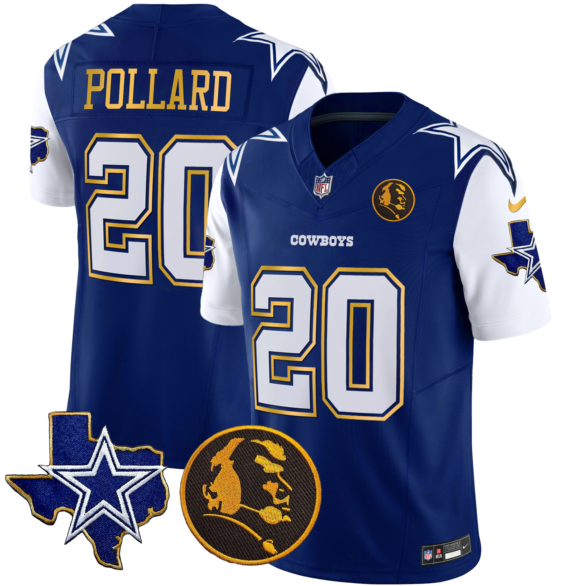 Tony Pollard Men's Dallas Cowboys Texas & John Madden Patch Gold Trim Vapor Royal Jersey - All Stitched