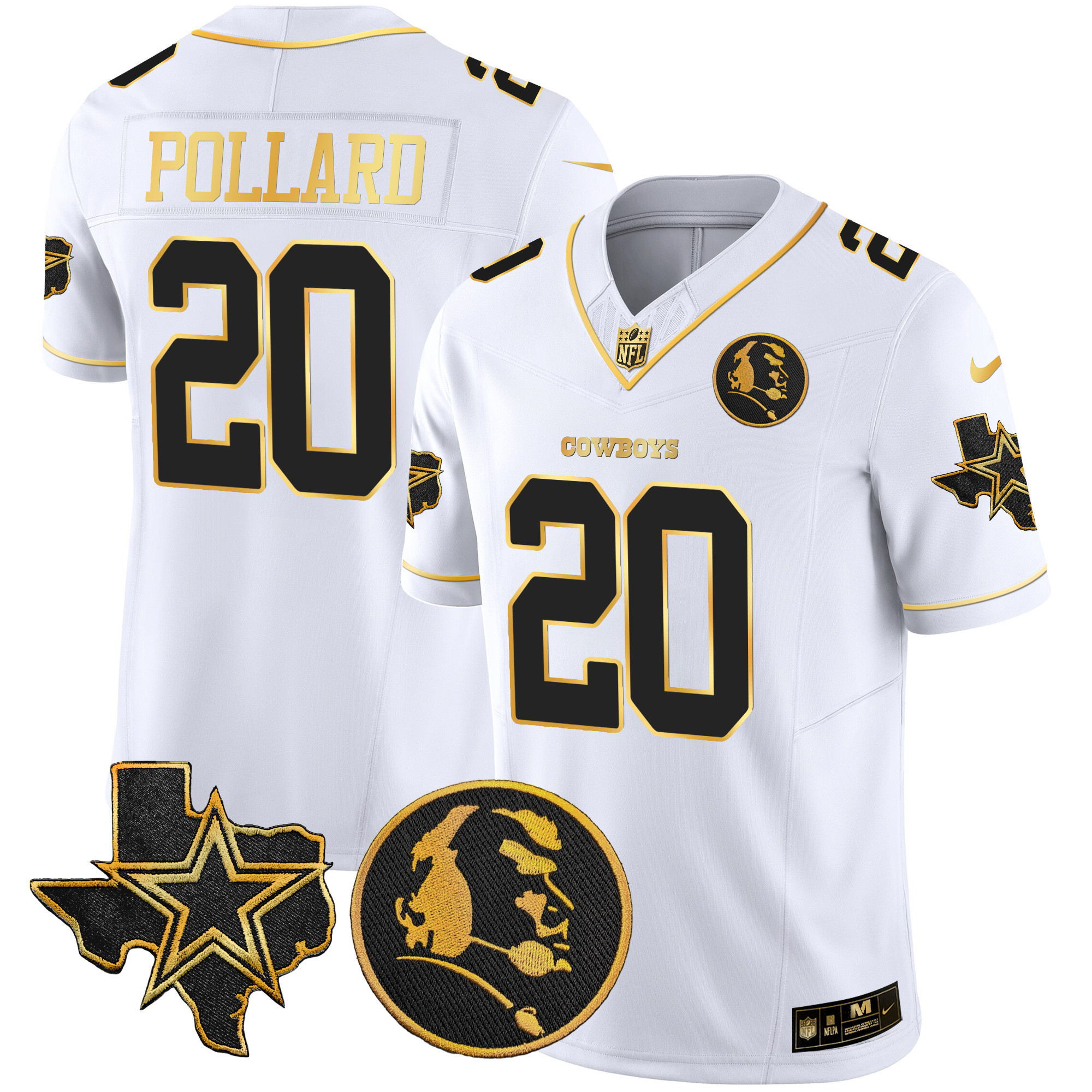 Tony Pollard Men's Dallas Cowboys Texas & John Madden Patch Gold Vapor White Jersey - All Stitched