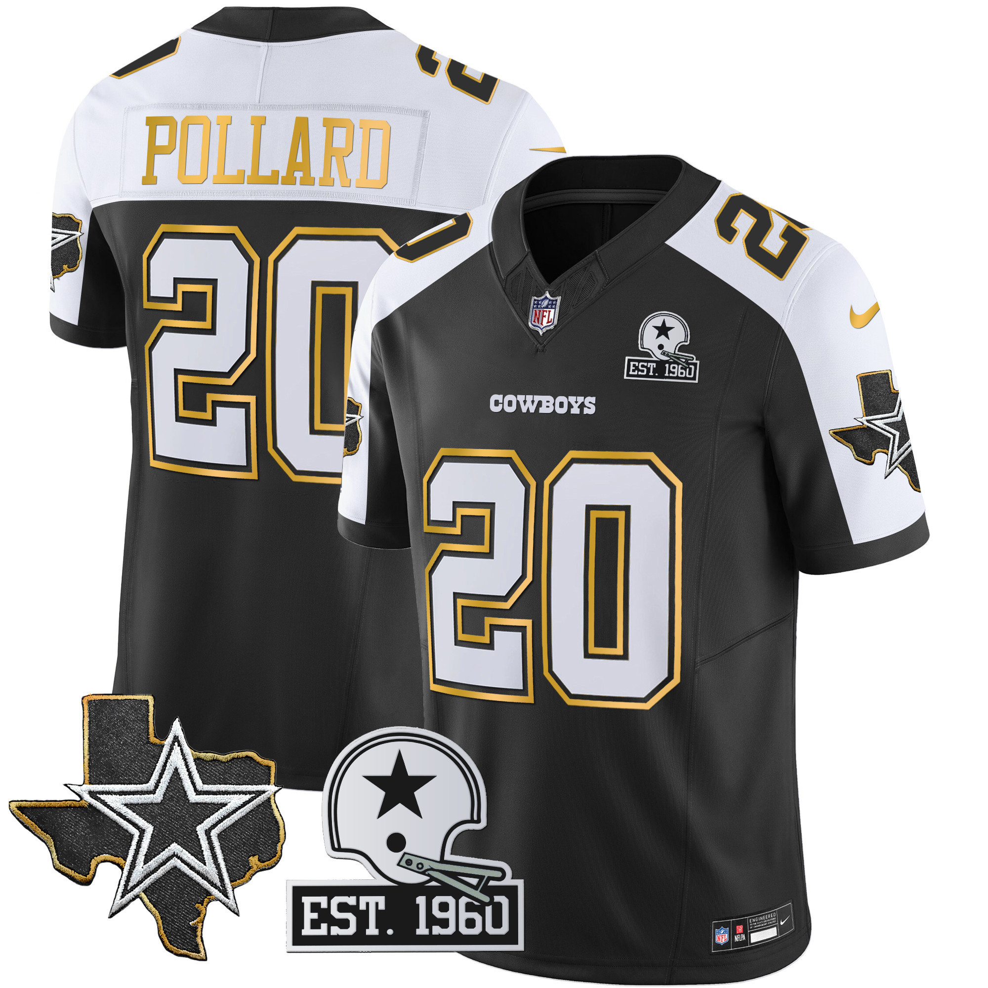 Tony Pollard Men's Dallas Cowboys Texas Patch Gold Trim Vapor Black Alternate Jersey - All Stitched