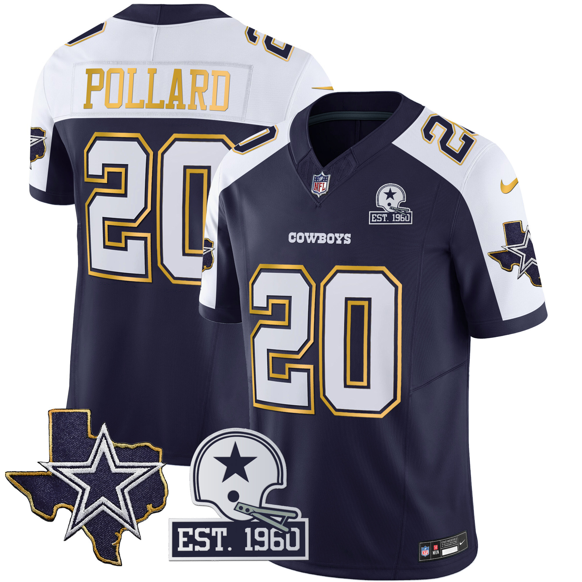 Tony Pollard Men's Dallas Cowboys Texas Patch Gold Trim Vapor Navy Alternate Jersey - All Stitched