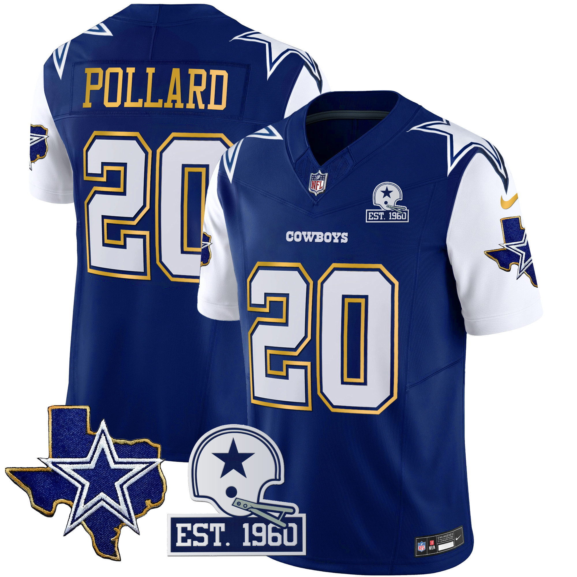 Tony Pollard Men's Dallas Cowboys Texas Patch Gold Trim Vapor Royal Jersey - All Stitched