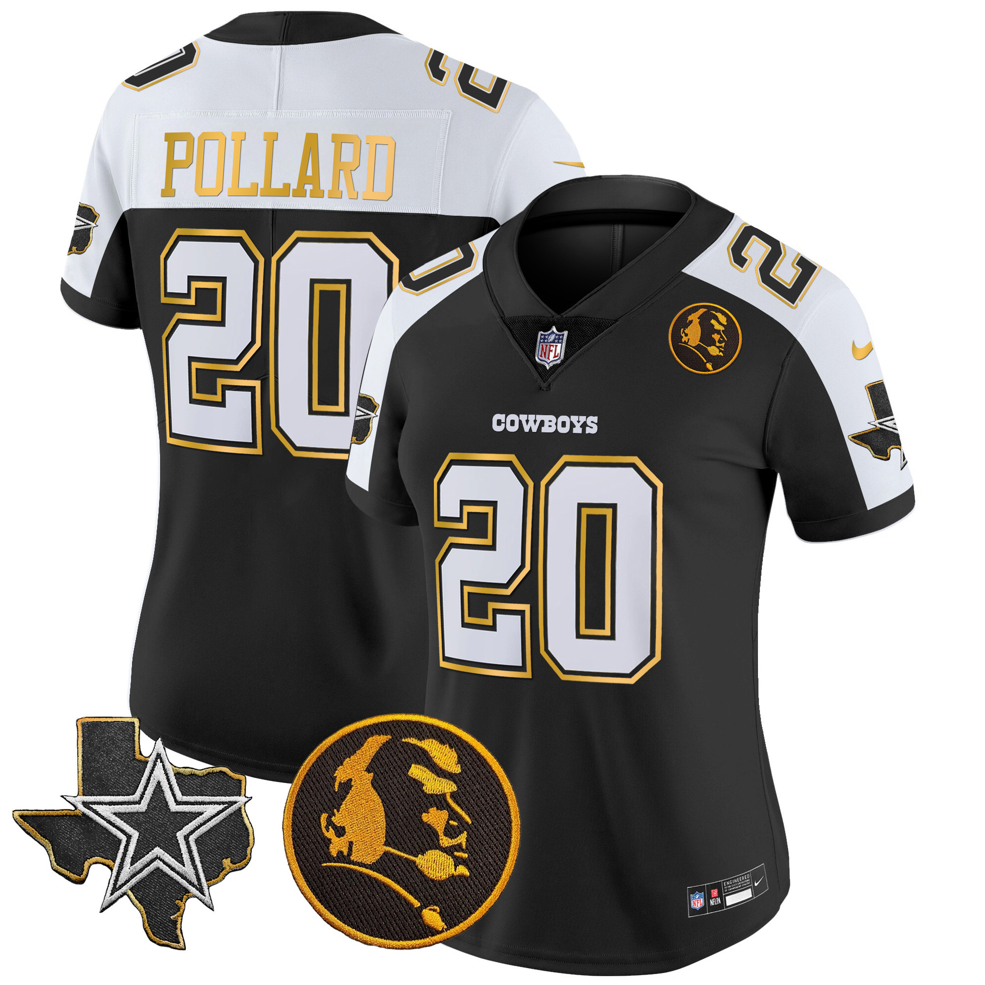 Tony Pollard Women's Dallas Cowboys Texas & John Madden Patch Gold Trim Vapor Black Alternate Jersey - All Stitched