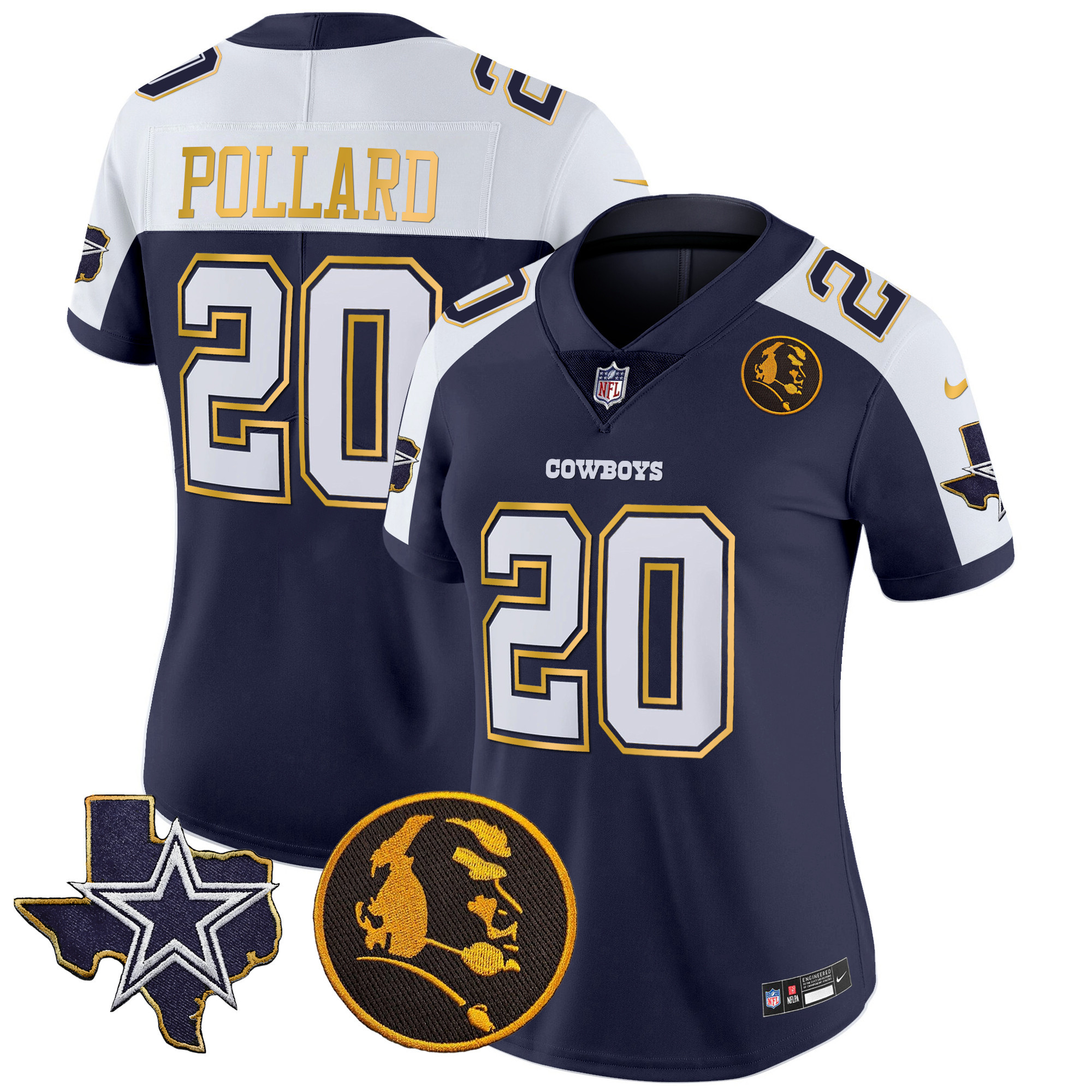 Tony Pollard Women's Dallas Cowboys Texas & John Madden Patch Gold Trim Vapor Navy Alternate Jersey - All Stitched