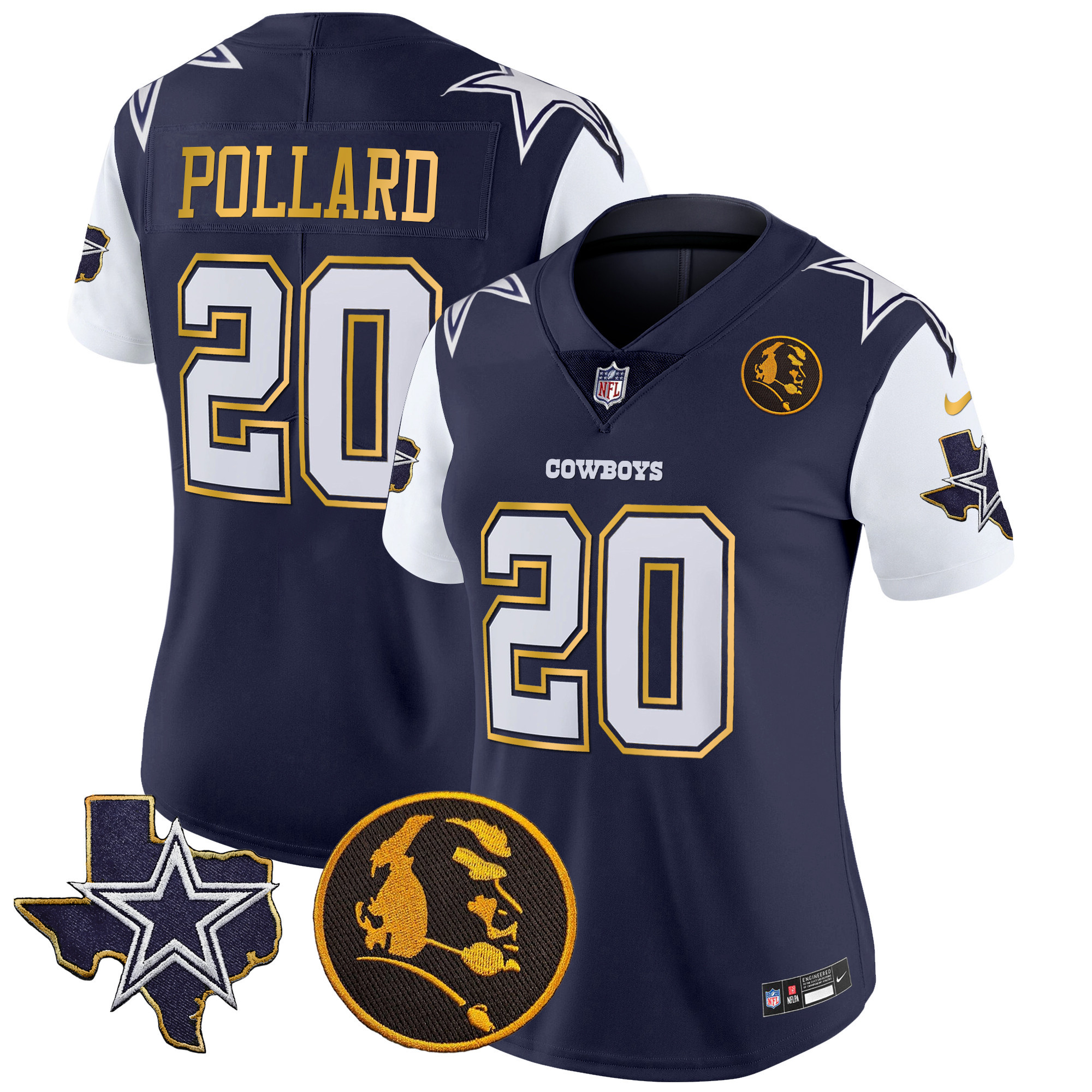 Tony Pollard Women's Dallas Cowboys Texas & John Madden Patch Gold Trim Vapor Navy Jersey - All Stitched
