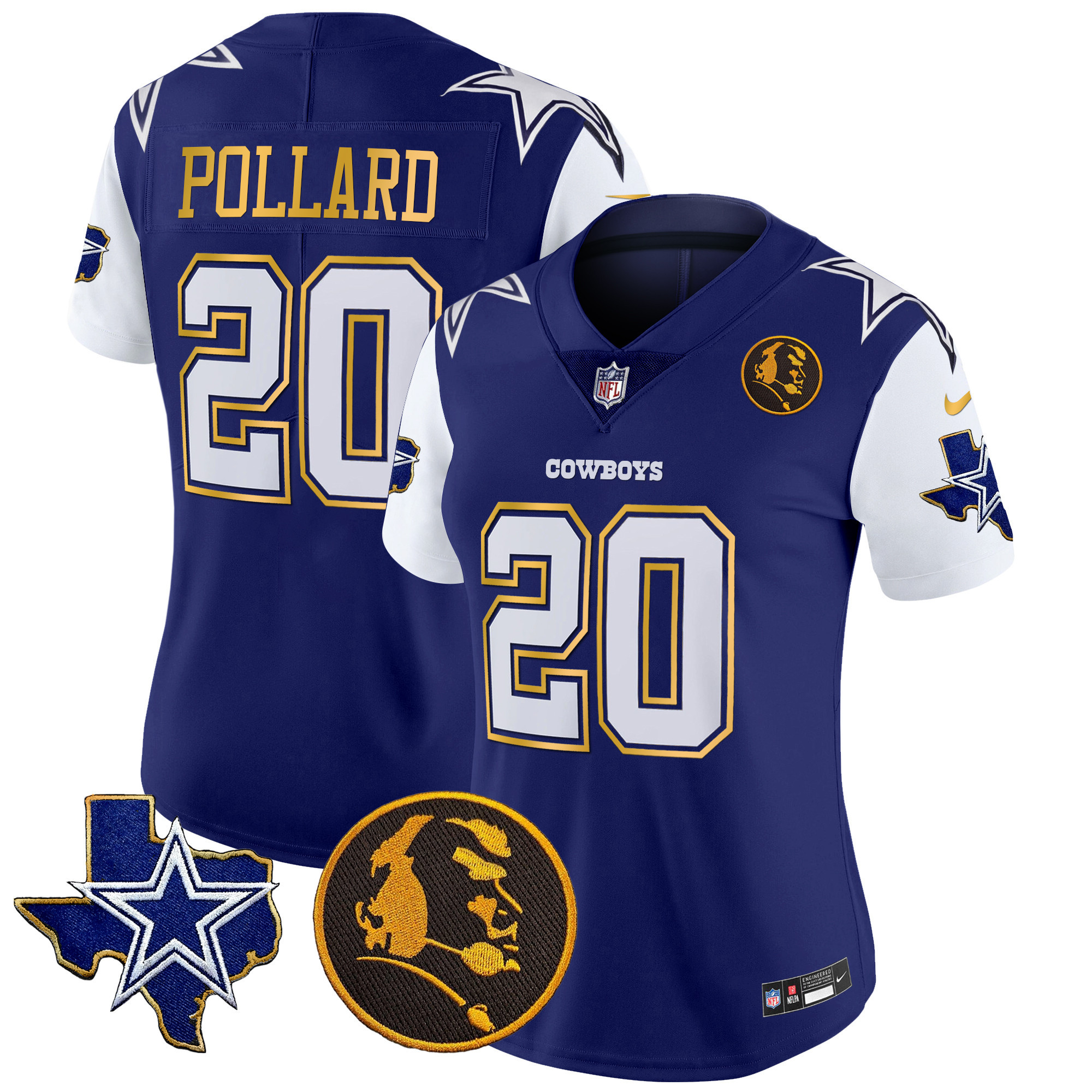 Tony Pollard Women's Dallas Cowboys Texas & John Madden Patch Gold Trim Vapor Royal Jersey - All Stitched