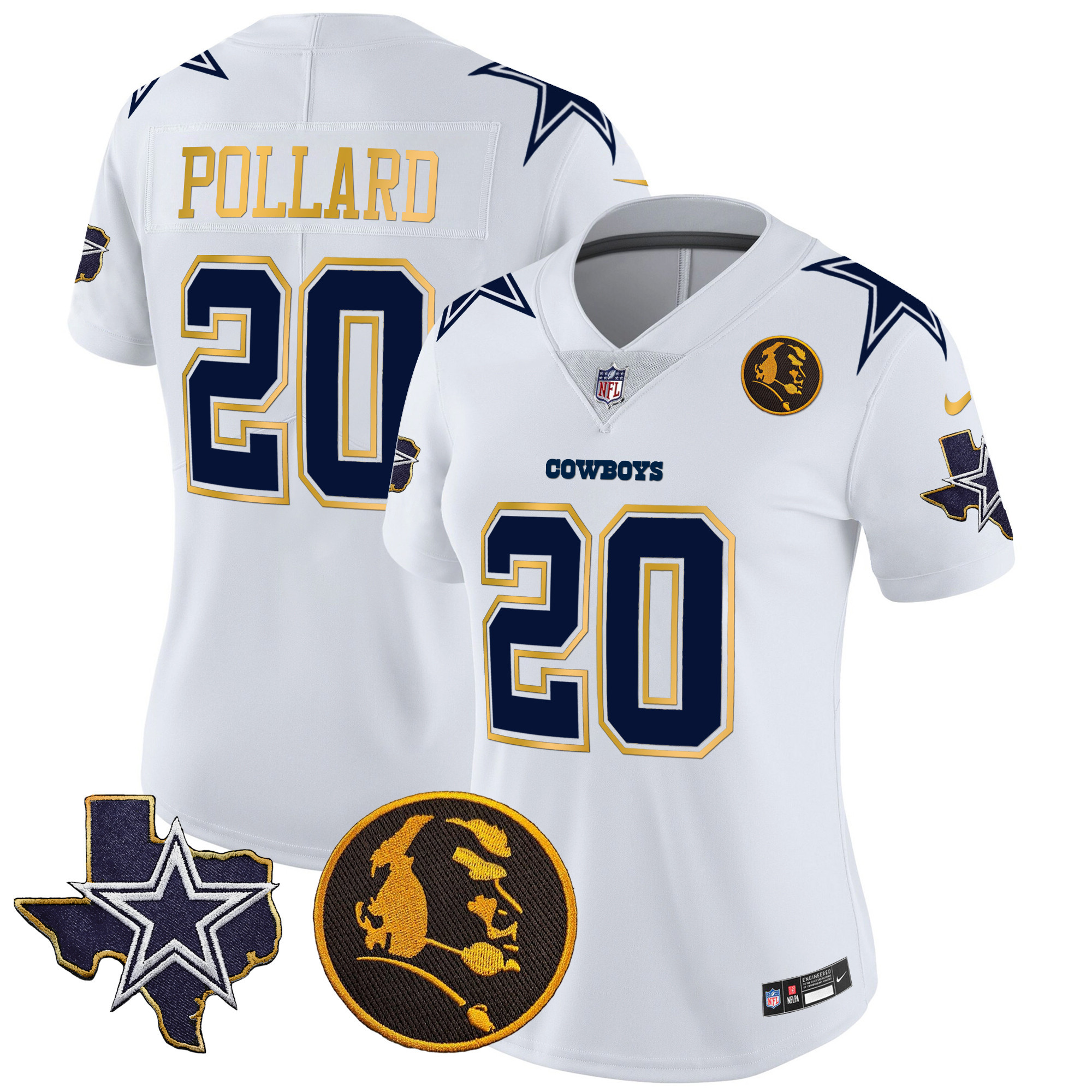 Tony Pollard Women's Dallas Cowboys Texas & John Madden Patch Gold Trim Vapor White Jersey - All Stitched