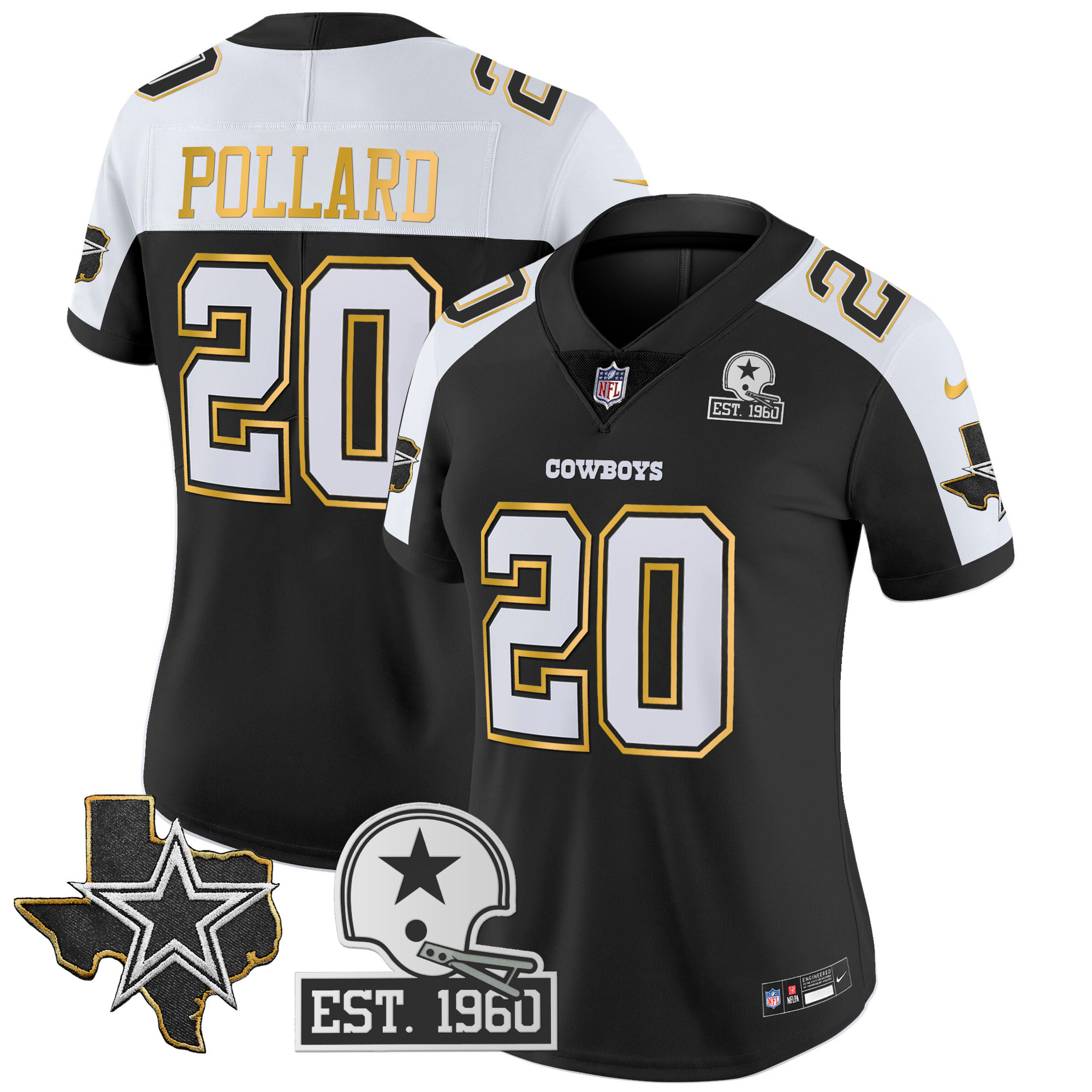Tony Pollard Women's Dallas Cowboys Texas Patch Gold Trim Vapor Black Alternate Jersey - All Stitched