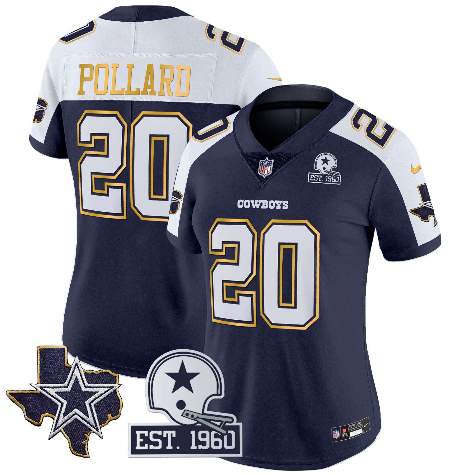 Tony Pollard Women's Dallas Cowboys Texas Patch Gold Trim Vapor Navy Alternate Jersey - All Stitched