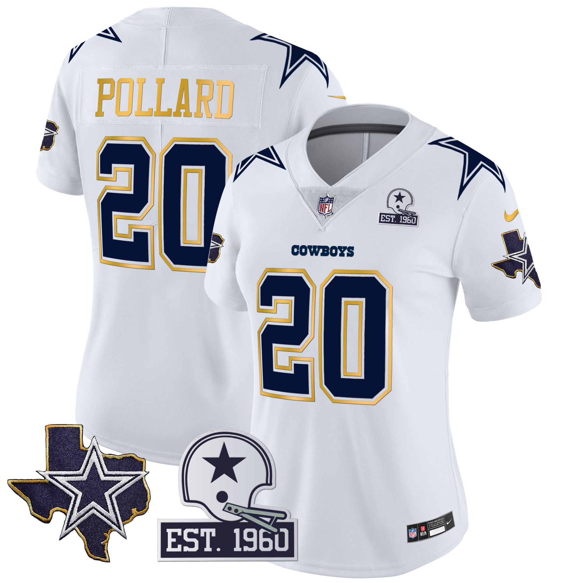 Tony Pollard Women's Dallas Cowboys Texas Patch Gold Trim Vapor White Jersey - All Stitched