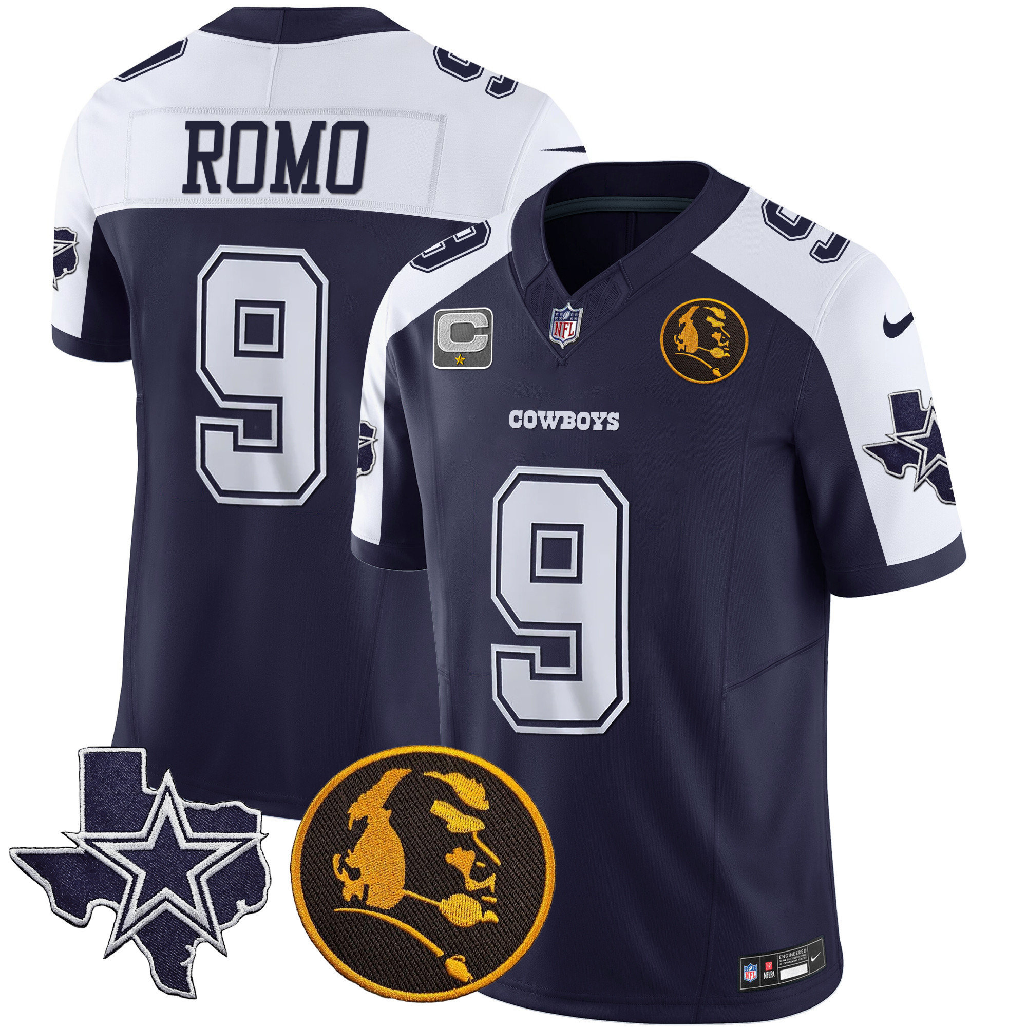 Tony Romo Men's Dallas Cowboys Texas & John Madden Patch Vapor Alternate Navy Jersey - All Stitched