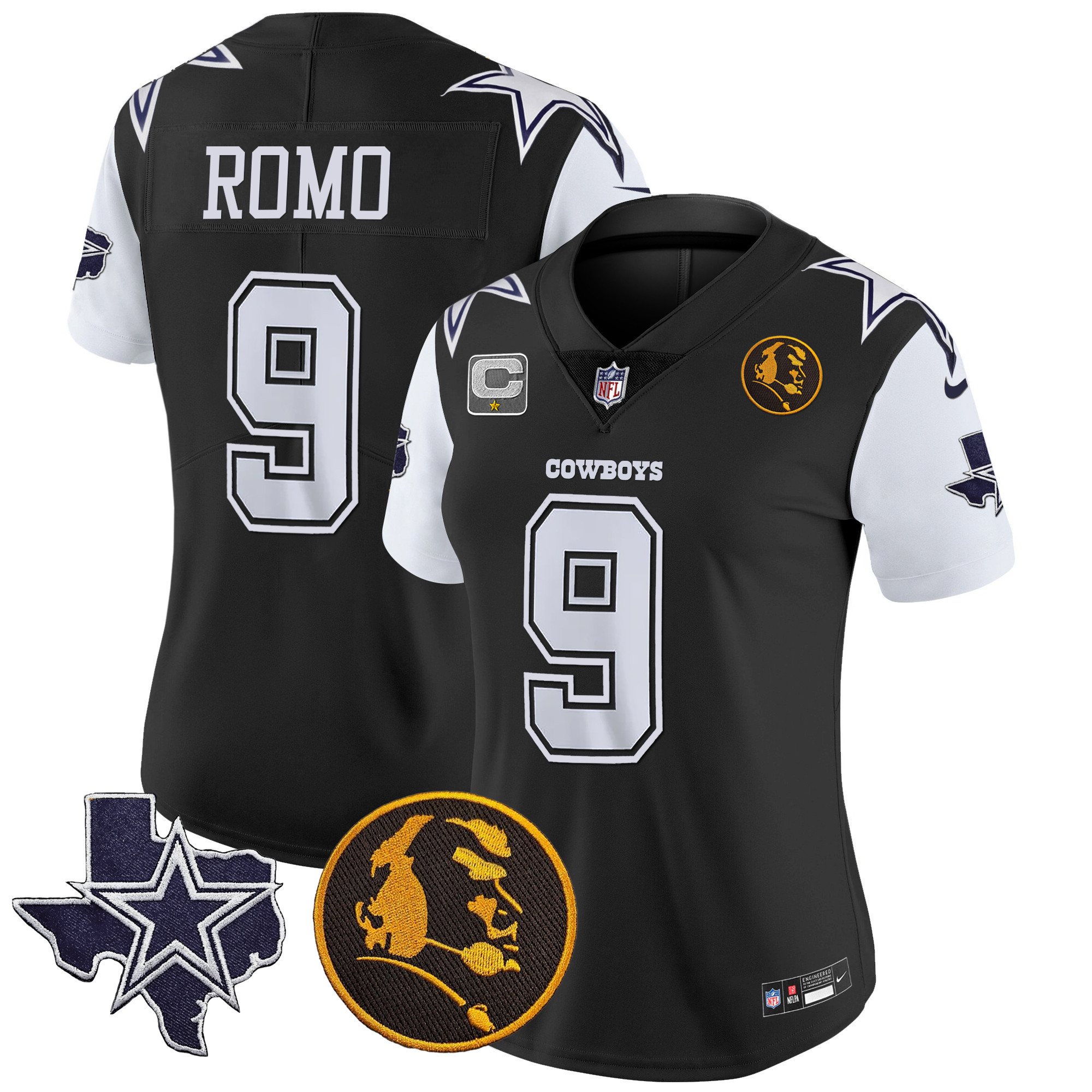 Tony Romo Women's Dallas Cowboys Texas & John Madden Patch Vapor Black Jersey - All Stitched