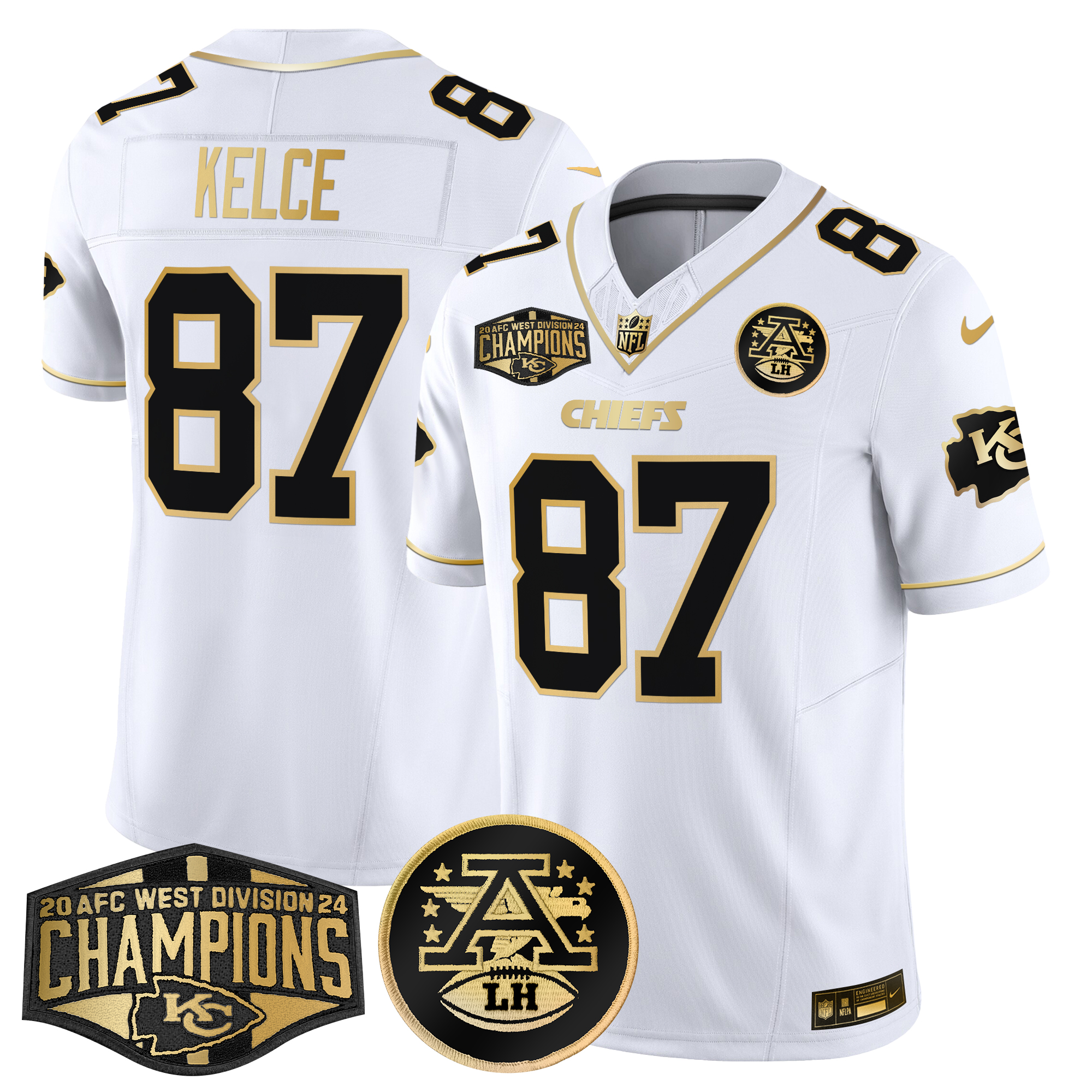 Travis Kelce Men's Kansas City Chiefs 2024 AFC West Division Champions Patch Gold Vapor Limited White Gold Jersey - All Stitched