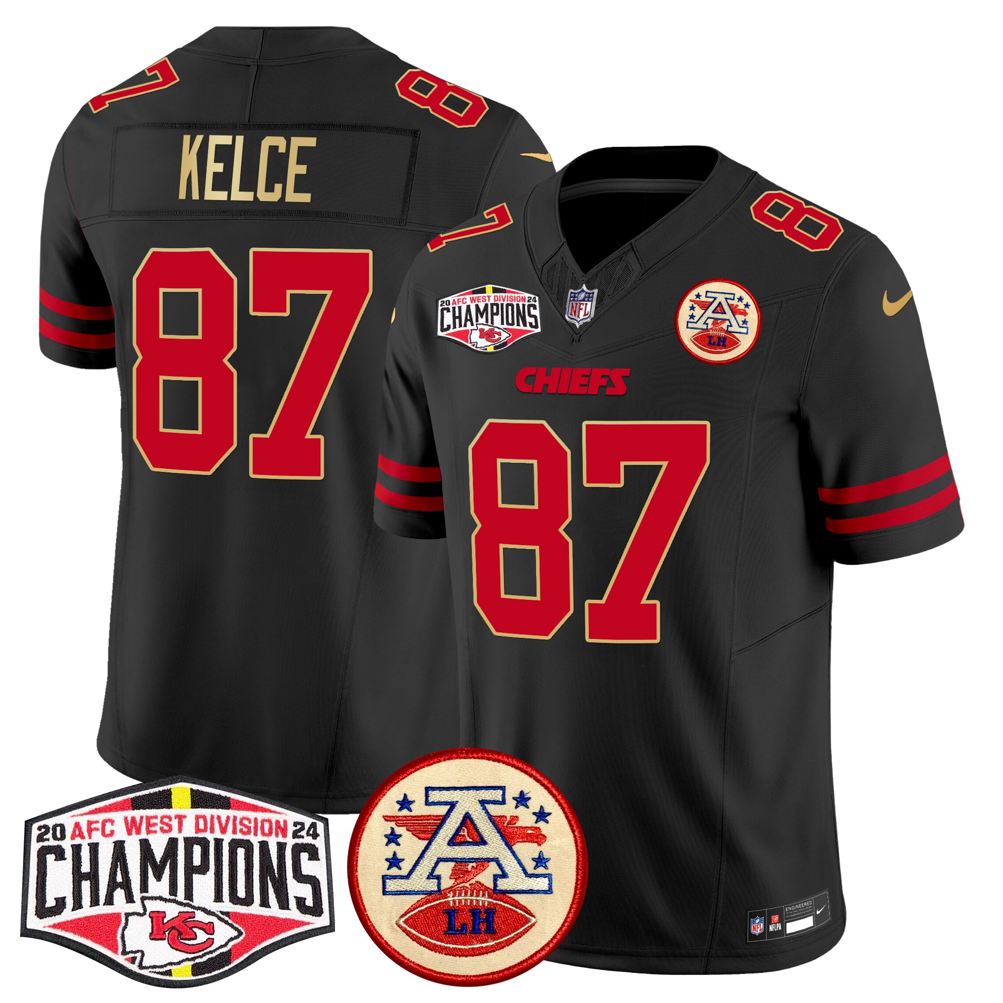 Travis Kelce Men's Kansas City Chiefs 2024 AFC West Division Champions Patch Vapor Limited Gold Trim Jersey - All Stitched