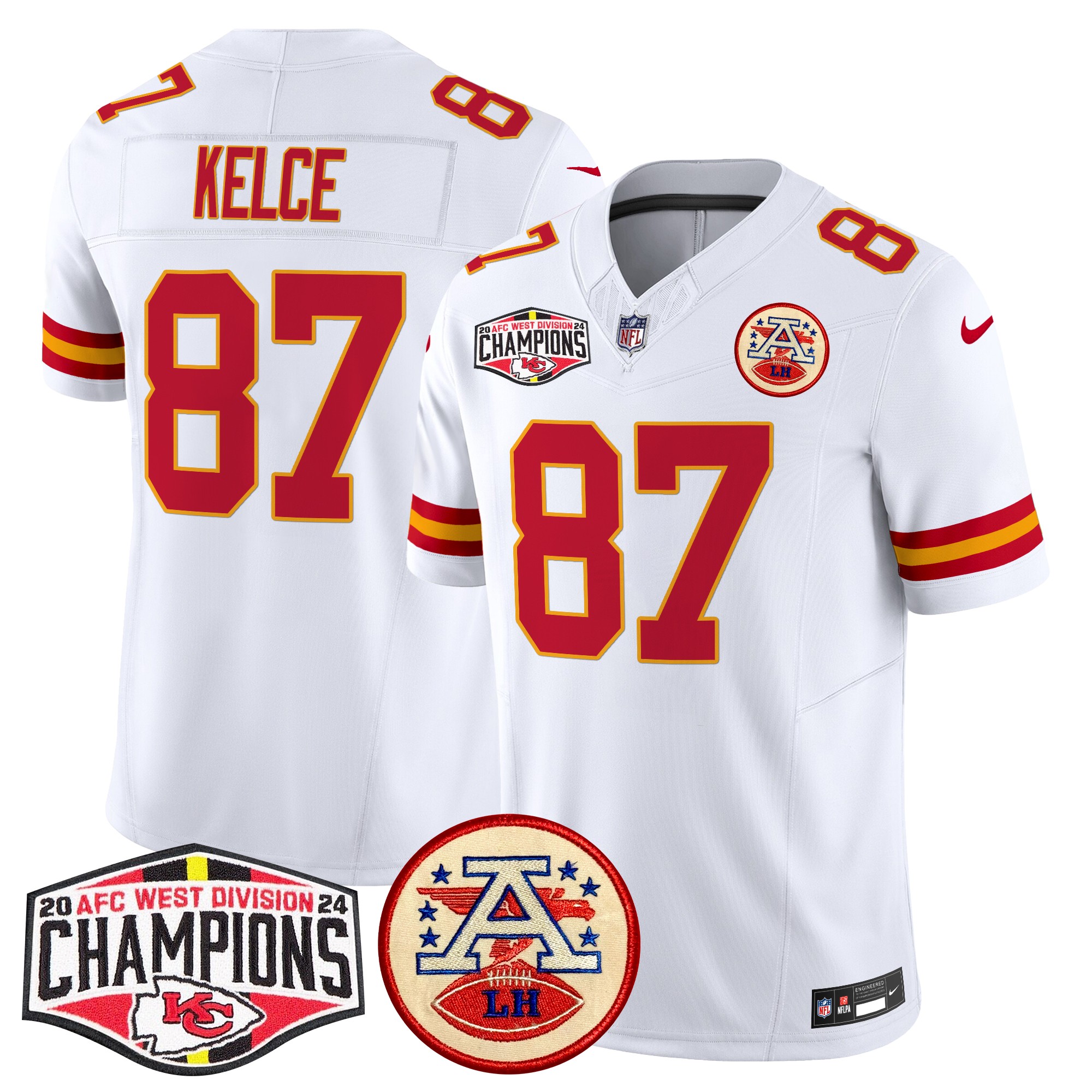 Travis Kelce Men's Kansas City Chiefs 2024 AFC West Division Champions Patch Vapor Limited White Jersey - All Stitched
