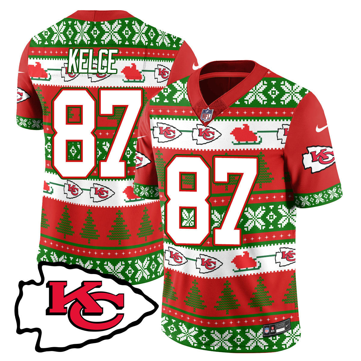 Travis Kelce Men's Kansas City Chiefs 2024 Christmas Vapor Limited Jersey - Printed Red Green Jersey - All Stitched