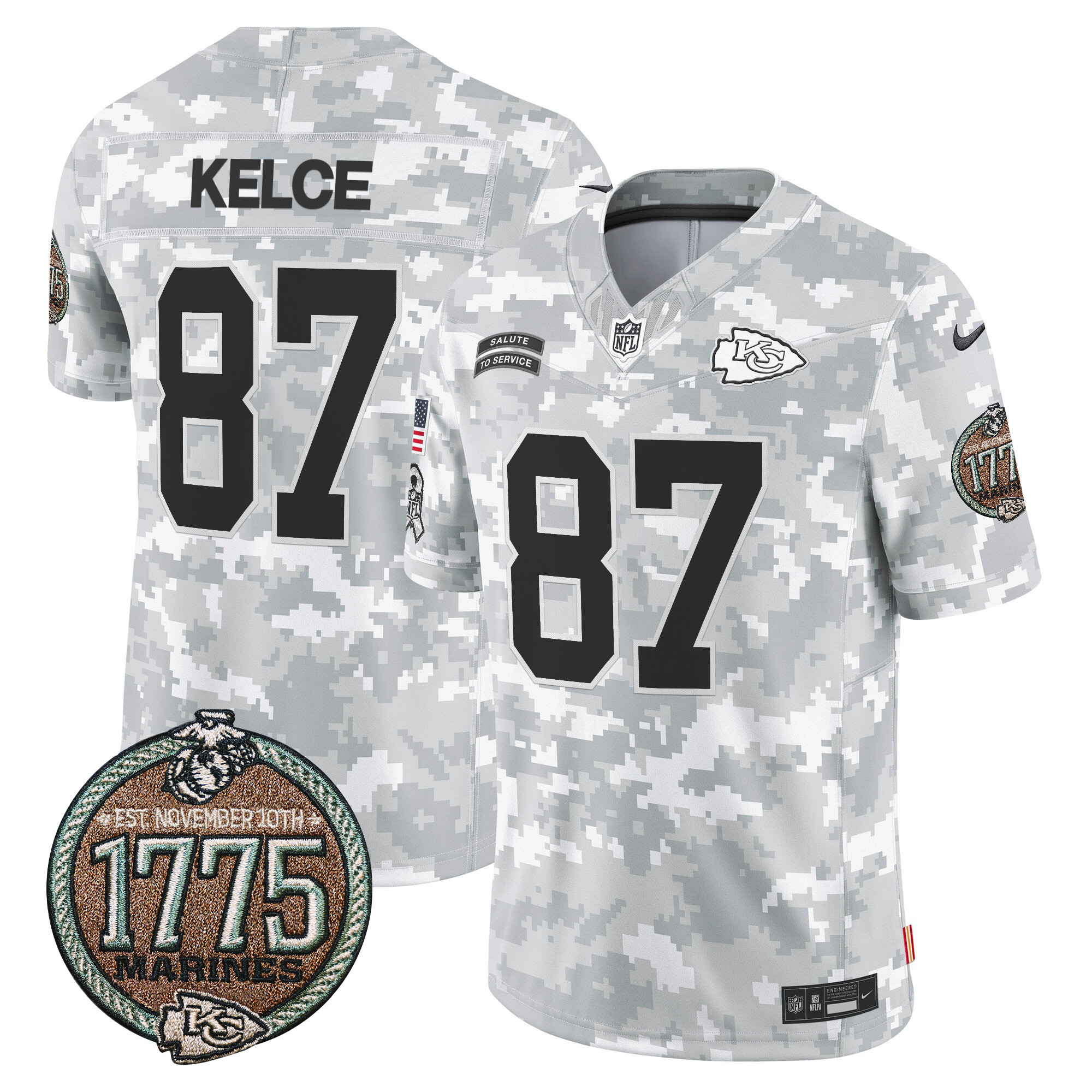 Travis Kelce Men's Kansas City Chiefs 2024 Salute to Service Establishment Year Patch Vapor Limited Marines Jersey - All Stitched