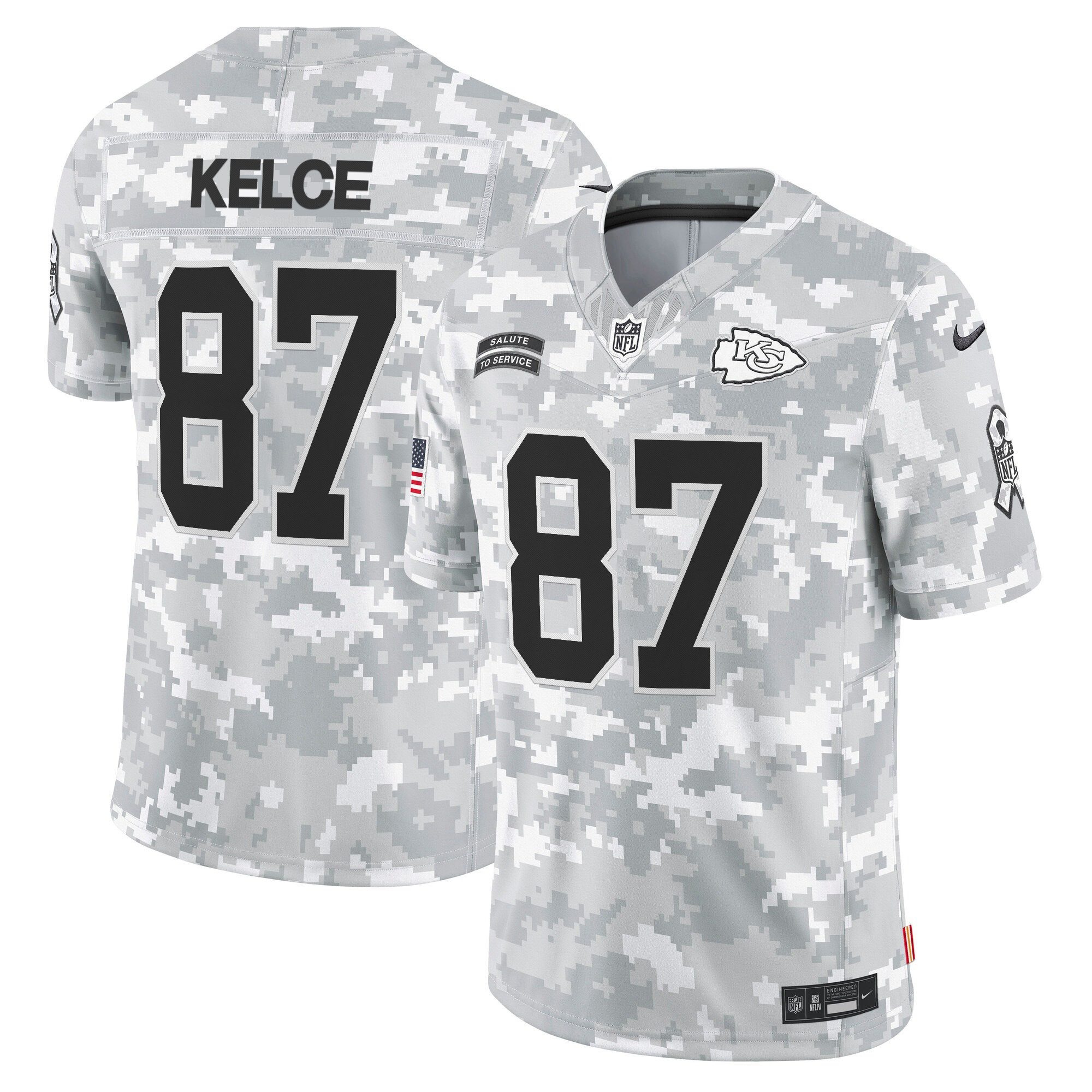 Travis Kelce Men's Kansas City Chiefs 2024 Salute to Service Vapor Limited Arctic Camo Jersey - All Stitched