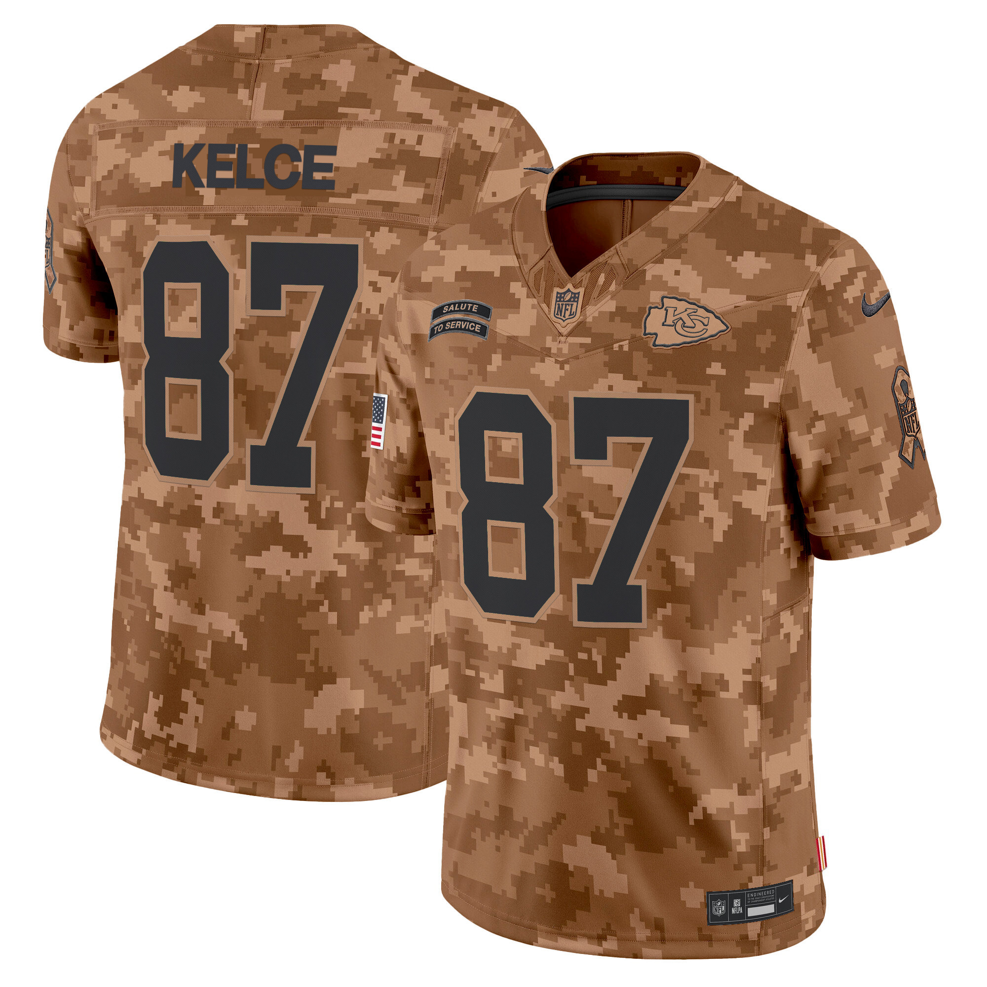 Travis Kelce Men's Kansas City Chiefs 2024 Salute to Service Vapor Limited Brown Camo Jersey - All Stitched