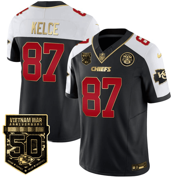 Travis Kelce Men's Kansas City Chiefs 50th Vietnam War Anniversary Patch Vapor Limited Black Alternate Jersey - All Stitched