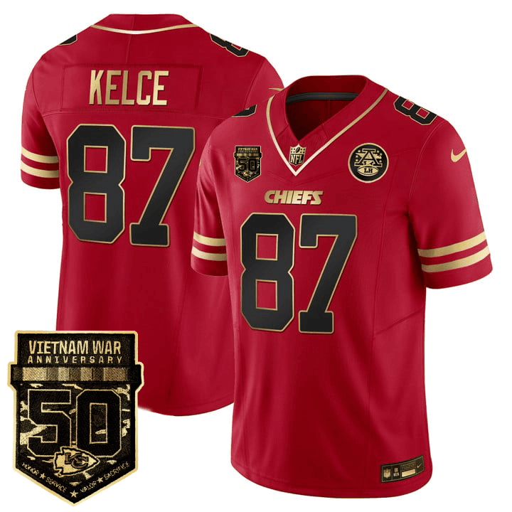 Travis Kelce Men's Kansas City Chiefs 50th Vietnam War Anniversary Patch Vapor Limited Black Red Jersey - All Stitched