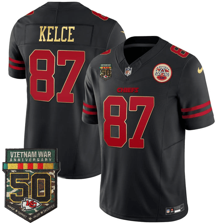 Travis Kelce Men's Kansas City Chiefs 50th Vietnam War Anniversary Patch Vapor Limited Gold Trim Jersey - All Stitched