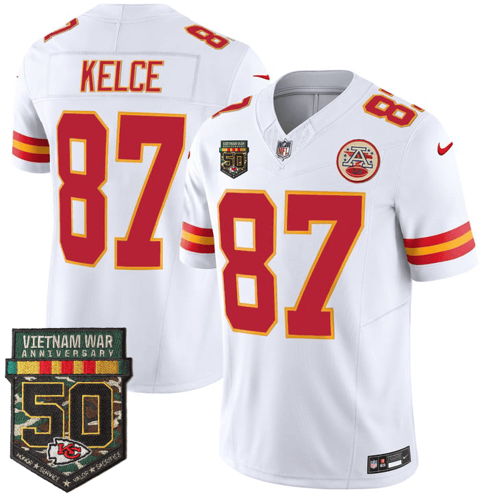 Travis Kelce Men's Kansas City Chiefs 50th Vietnam War Anniversary Patch Vapor Limited White Jersey - All Stitched