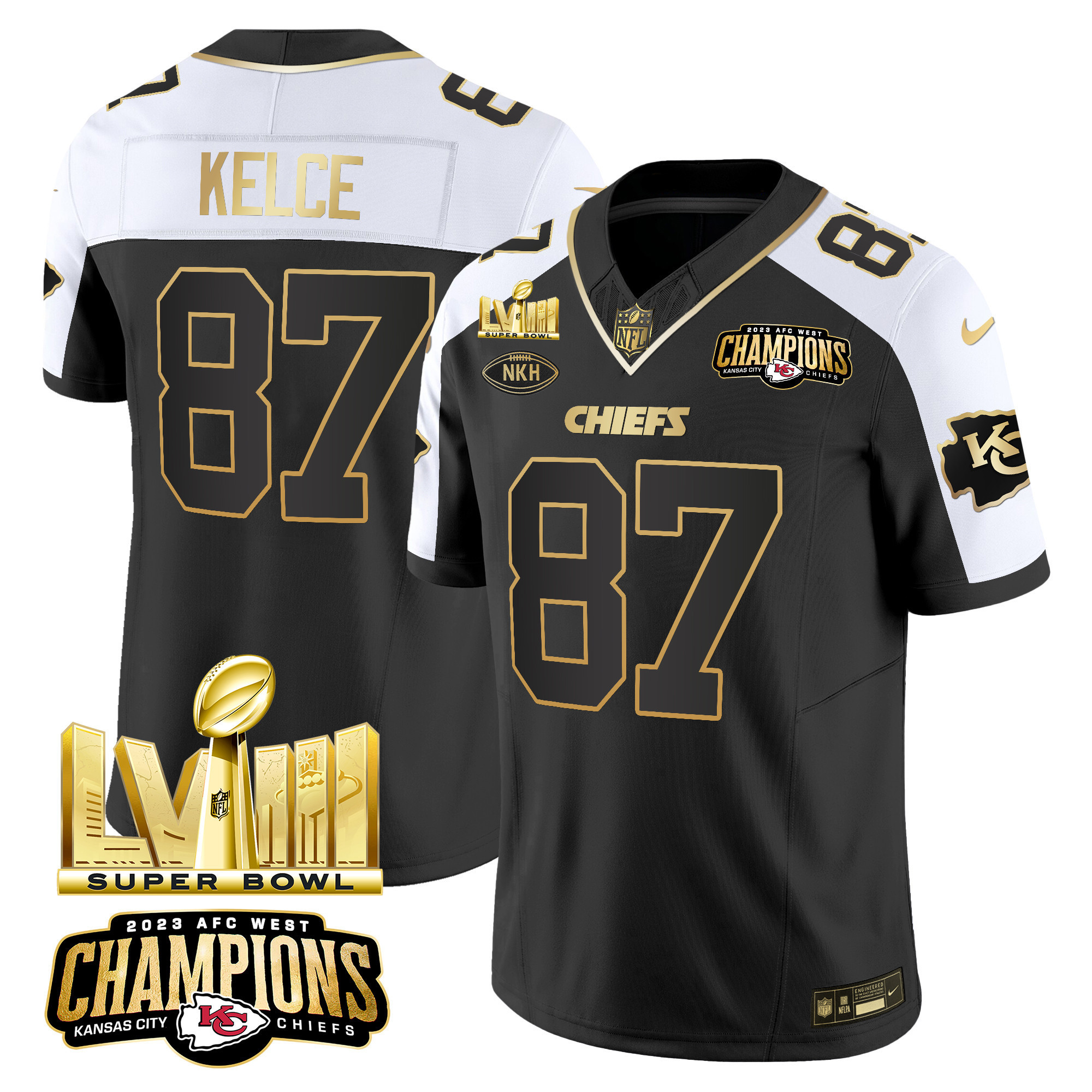 Travis Kelce Men's Kansas City Chiefs AFC West Champions & Super Bowl LVIII Gold Patch Vapor Alternate Jersey - All Stitched