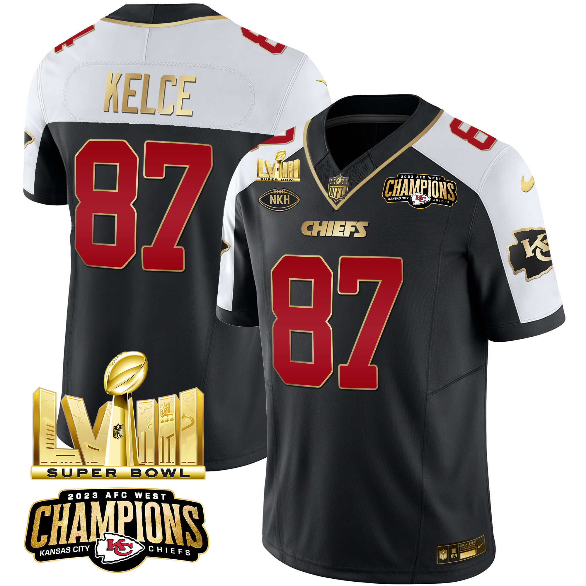 Travis Kelce Men's Kansas City Chiefs AFC West Champions & Super Bowl LVIII Gold Patch Vapor Black Alternate Jersey - All Stitched