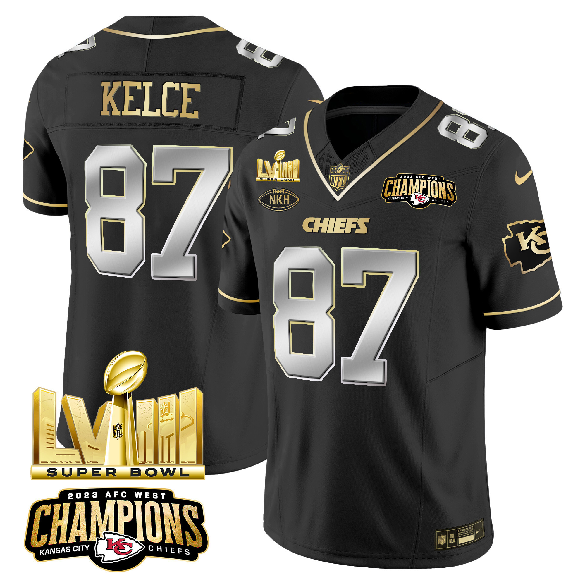 Travis Kelce Men's Kansas City Chiefs AFC West Champions & Super Bowl LVIII Gold Patch Vapor Black Limited Jersey - All Stitched