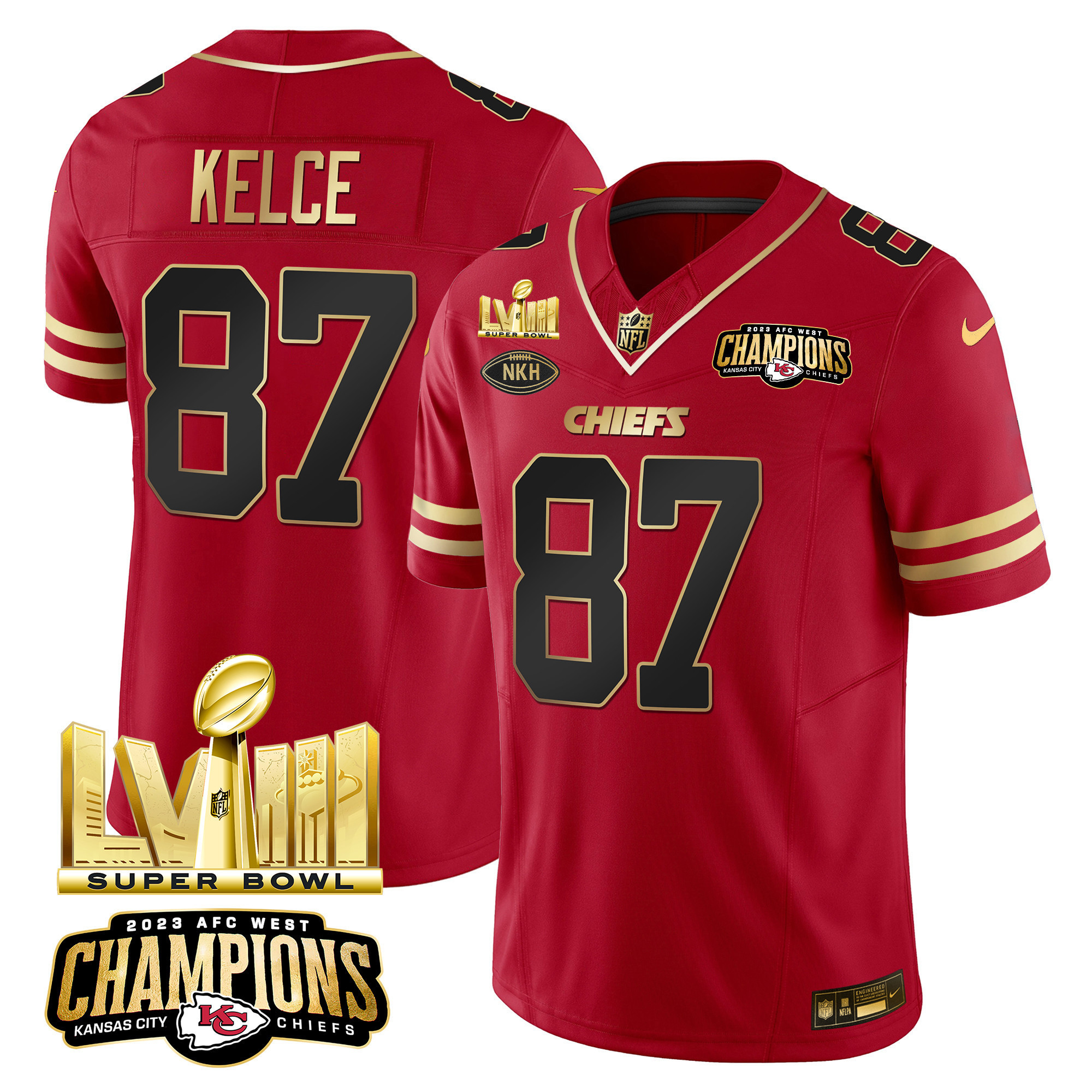 Travis Kelce Men's Kansas City Chiefs AFC West Champions & Super Bowl LVIII Gold Patch Vapor Black Red Jersey - All Stitched