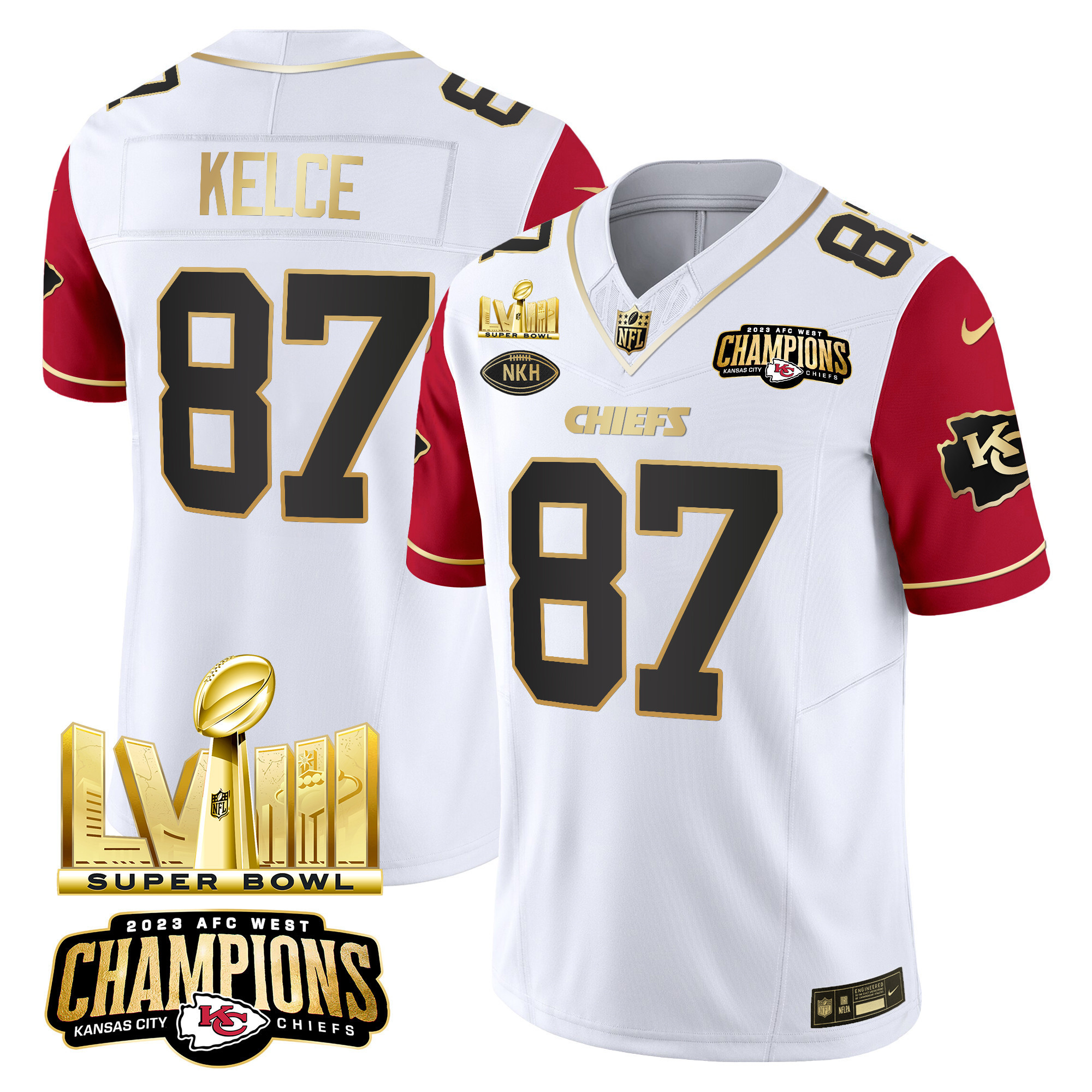 Travis Kelce Men's Kansas City Chiefs AFC West Champions & Super Bowl LVIII Gold Patch Vapor Color Sleeves Jersey - All Stitched