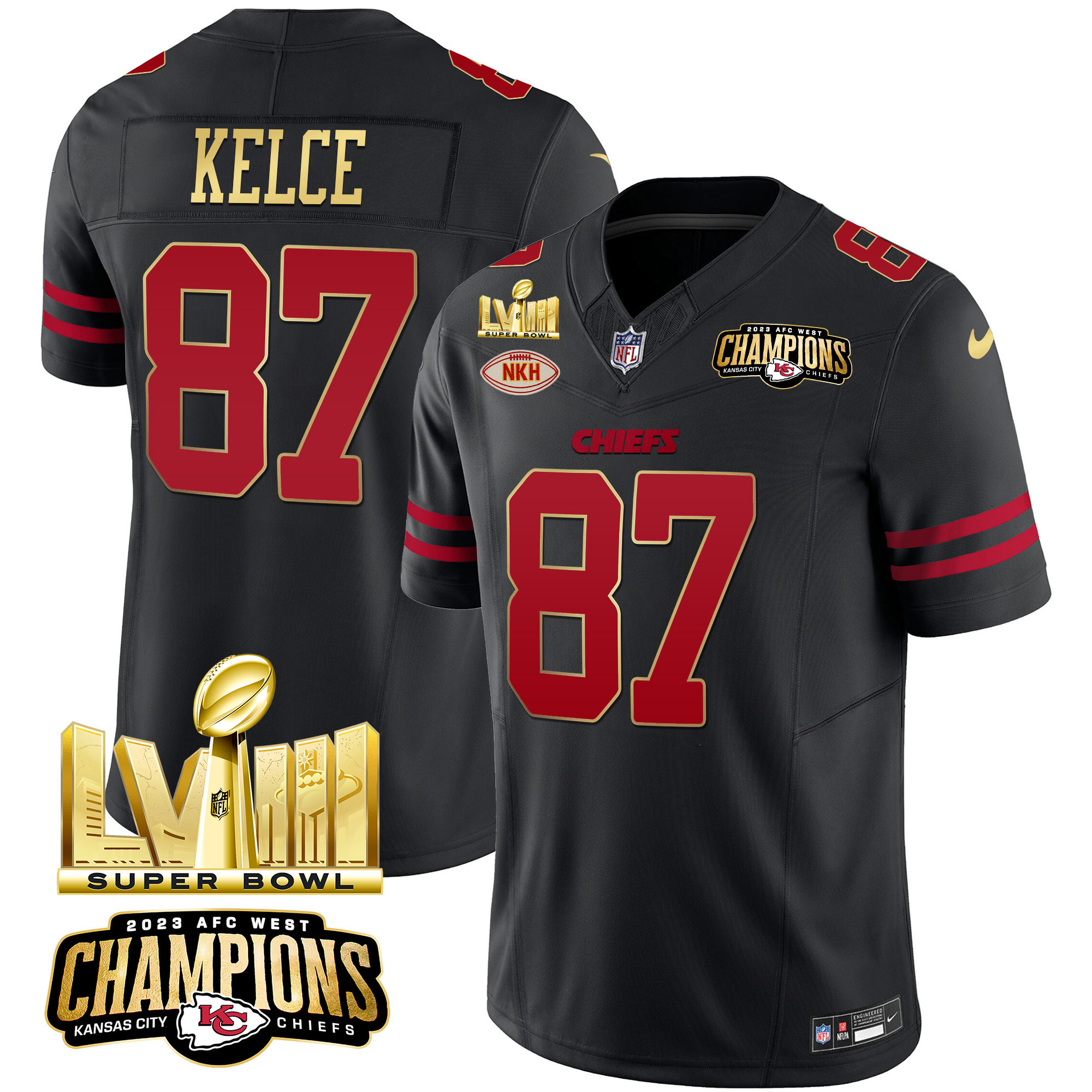 Travis Kelce Men's Kansas City Chiefs AFC West Champions & Super Bowl LVIII Gold Patch Vapor Gold Trim Jersey - All Stitched