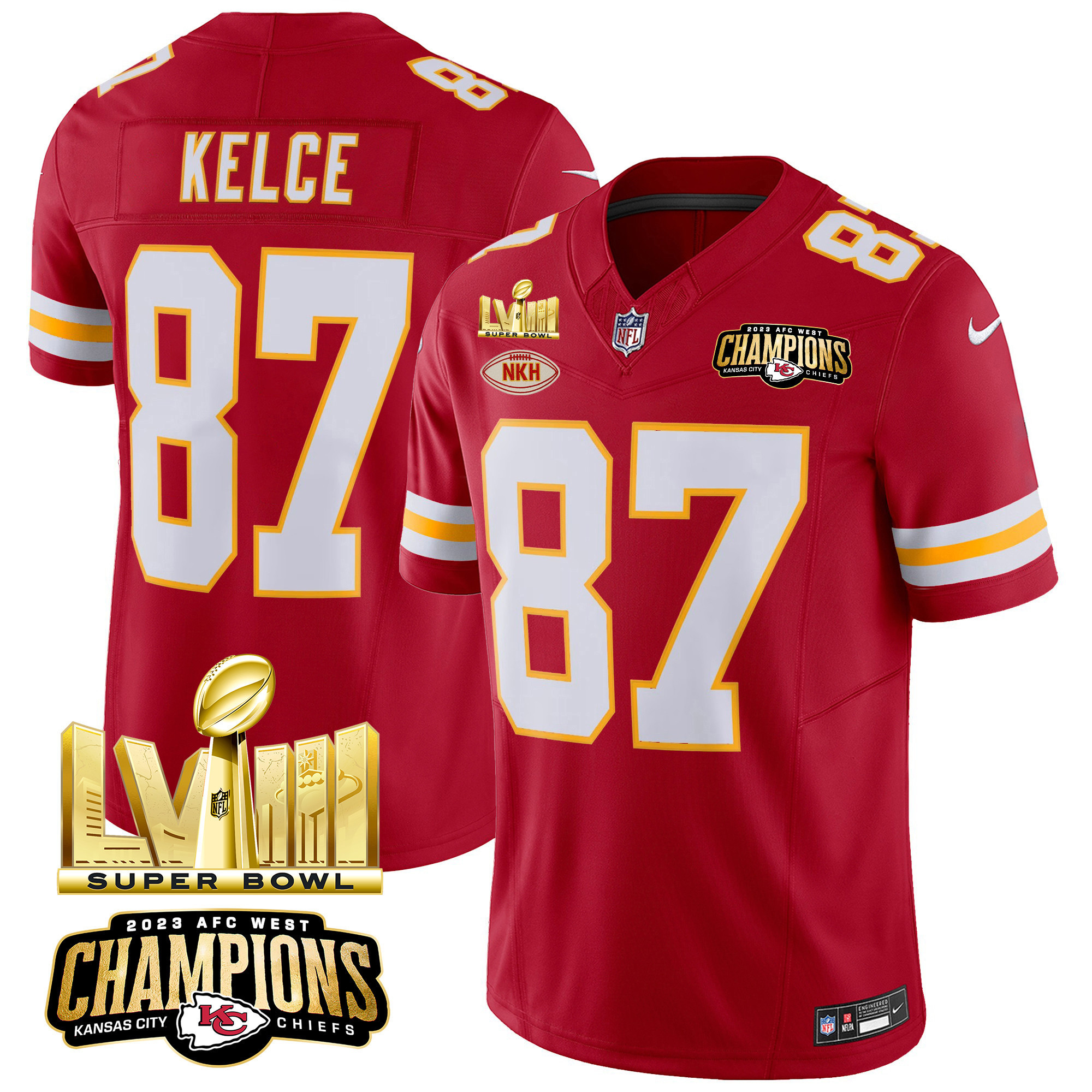Travis Kelce Men's Kansas City Chiefs AFC West Champions & Super Bowl LVIII Gold Patch Vapor Red Jersey - All Stitched