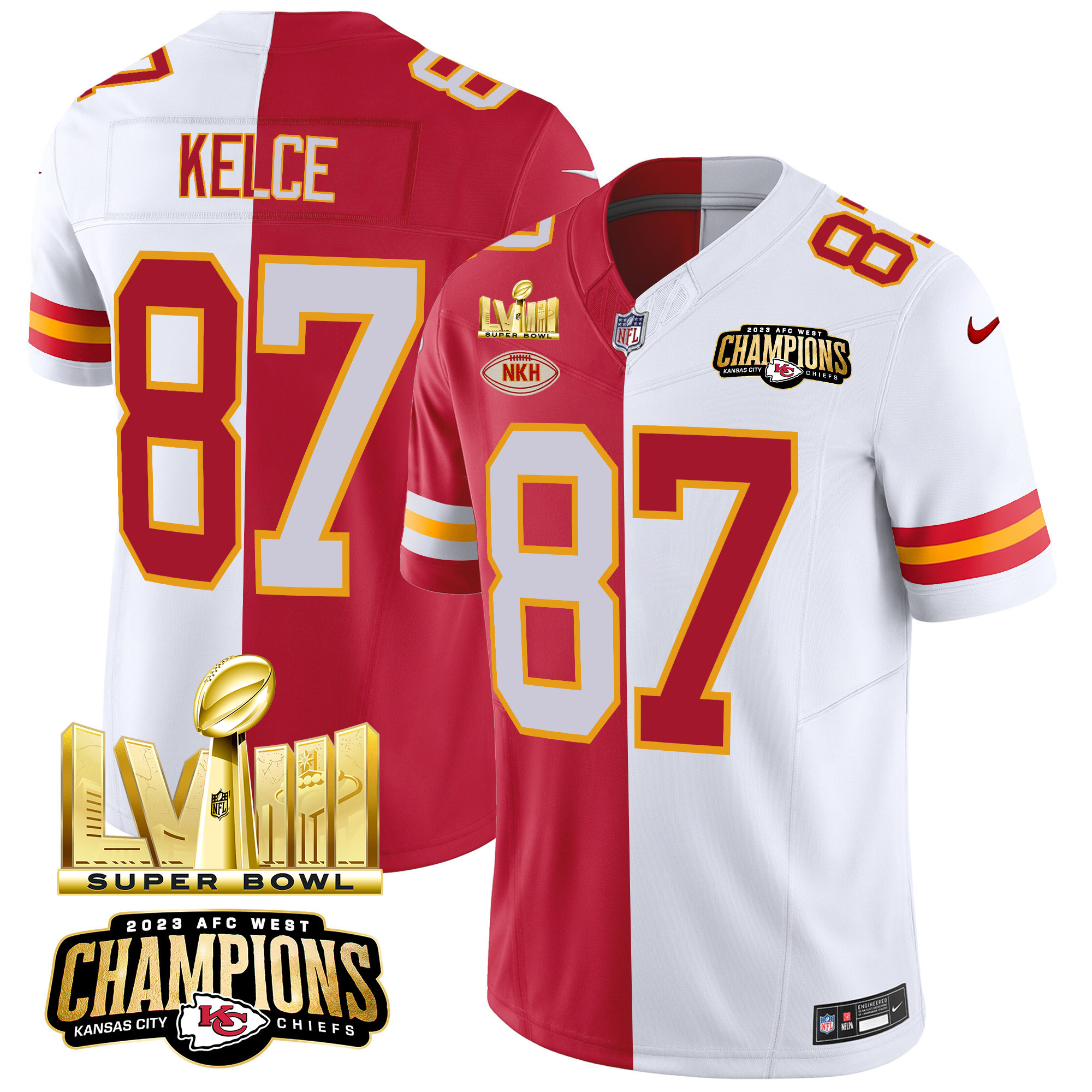 Travis Kelce Men's Kansas City Chiefs AFC West Champions & Super Bowl LVIII Gold Patch Vapor Split Jersey - All Stitched