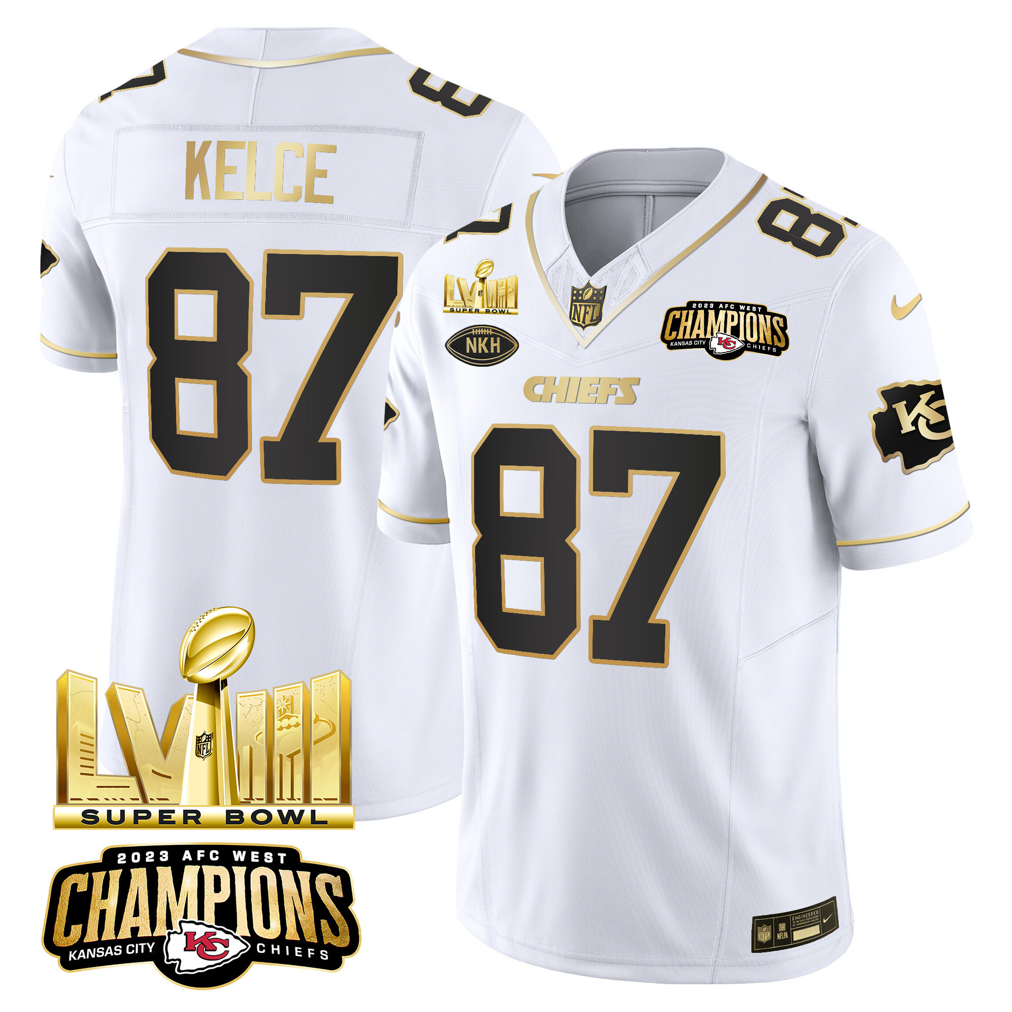 Travis Kelce Men's Kansas City Chiefs AFC West Champions & Super Bowl LVIII Gold Patch Vapor White Gold Jersey - All Stitched