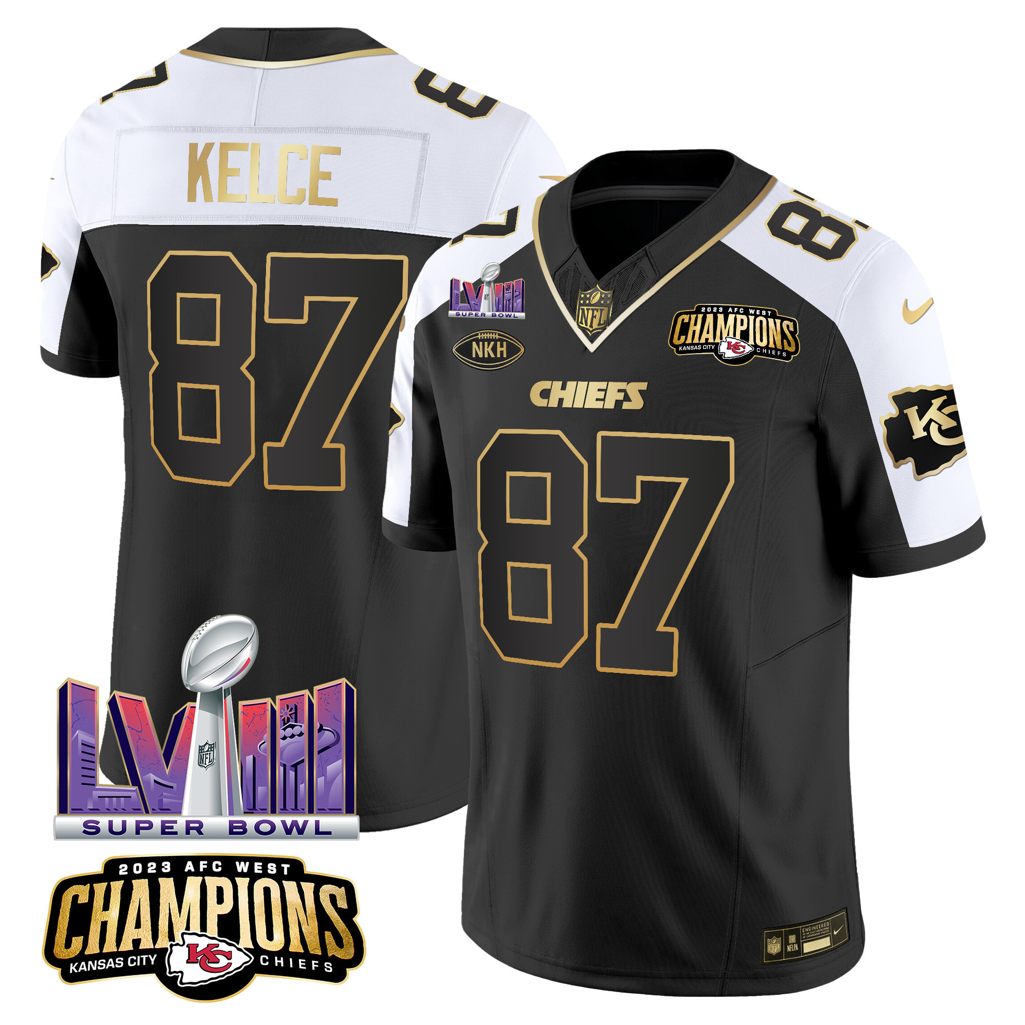 Travis Kelce Men's Kansas City Chiefs AFC West Champions & Super Bowl LVIII Patch Vapor Alternate Jersey - All Stitched