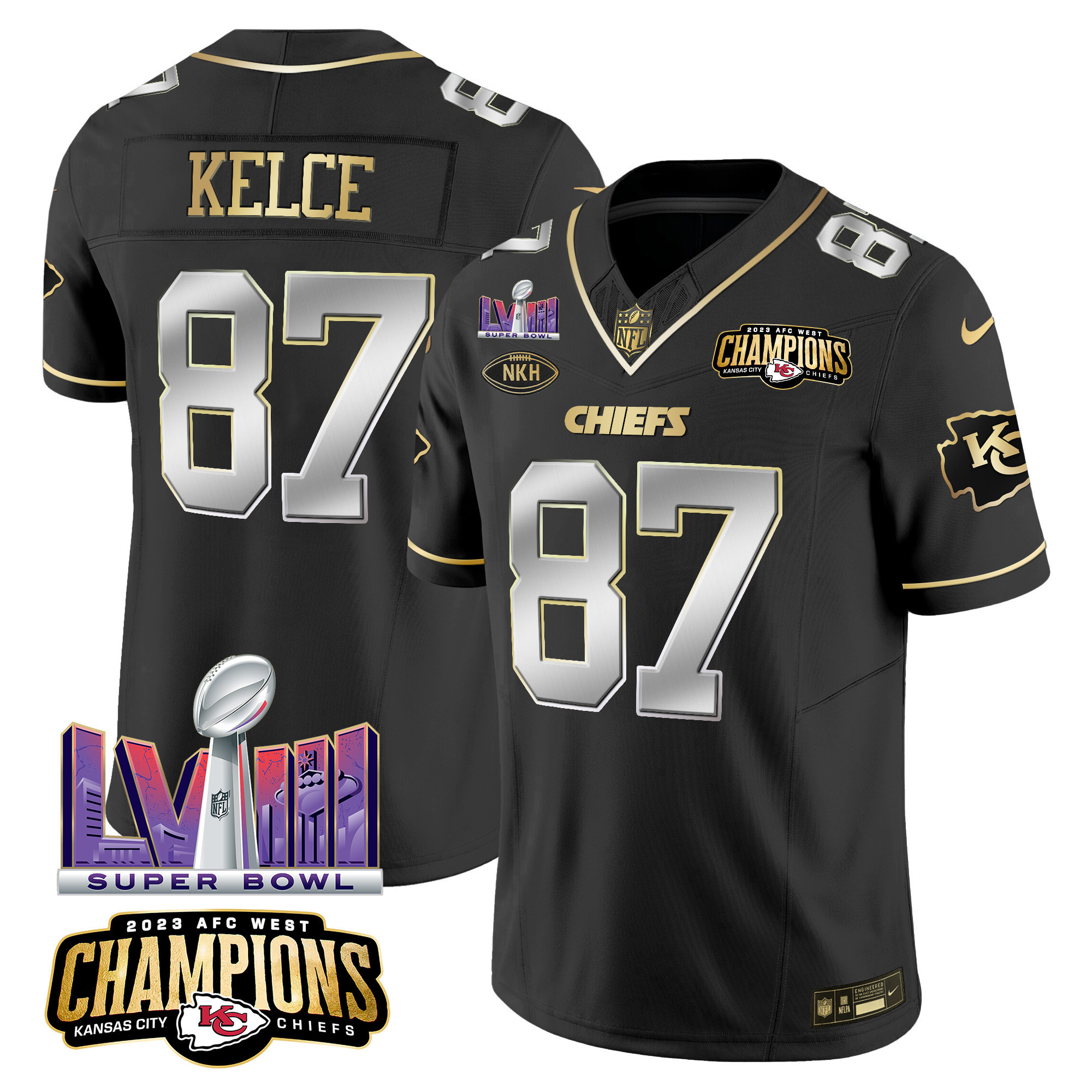 Travis Kelce Men's Kansas City Chiefs AFC West Champions & Super Bowl LVIII Patch Vapor Black Limited Jersey - All Stitched