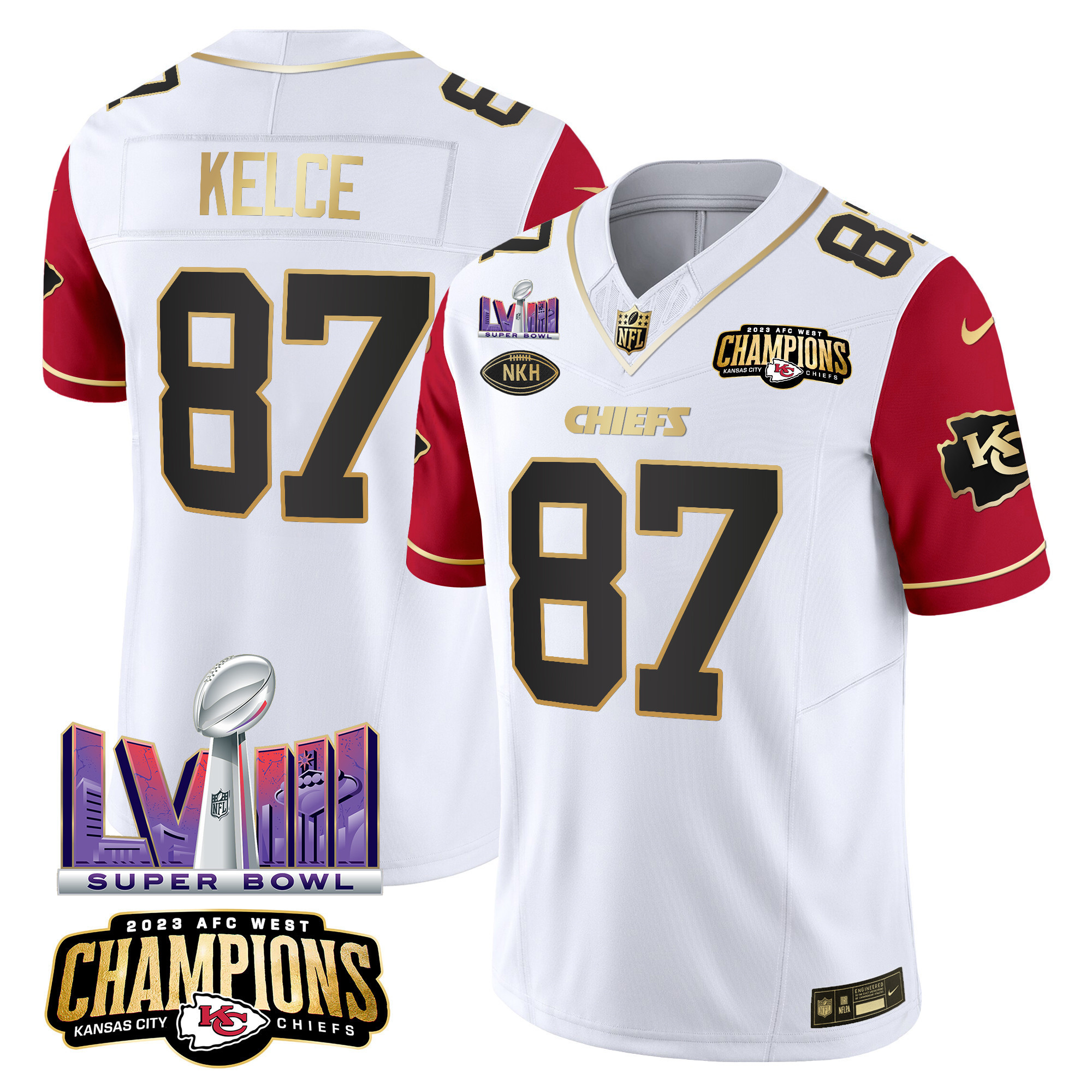 Travis Kelce Men's Kansas City Chiefs AFC West Champions & Super Bowl LVIII Patch Vapor Color Sleeves Jersey - All Stitched