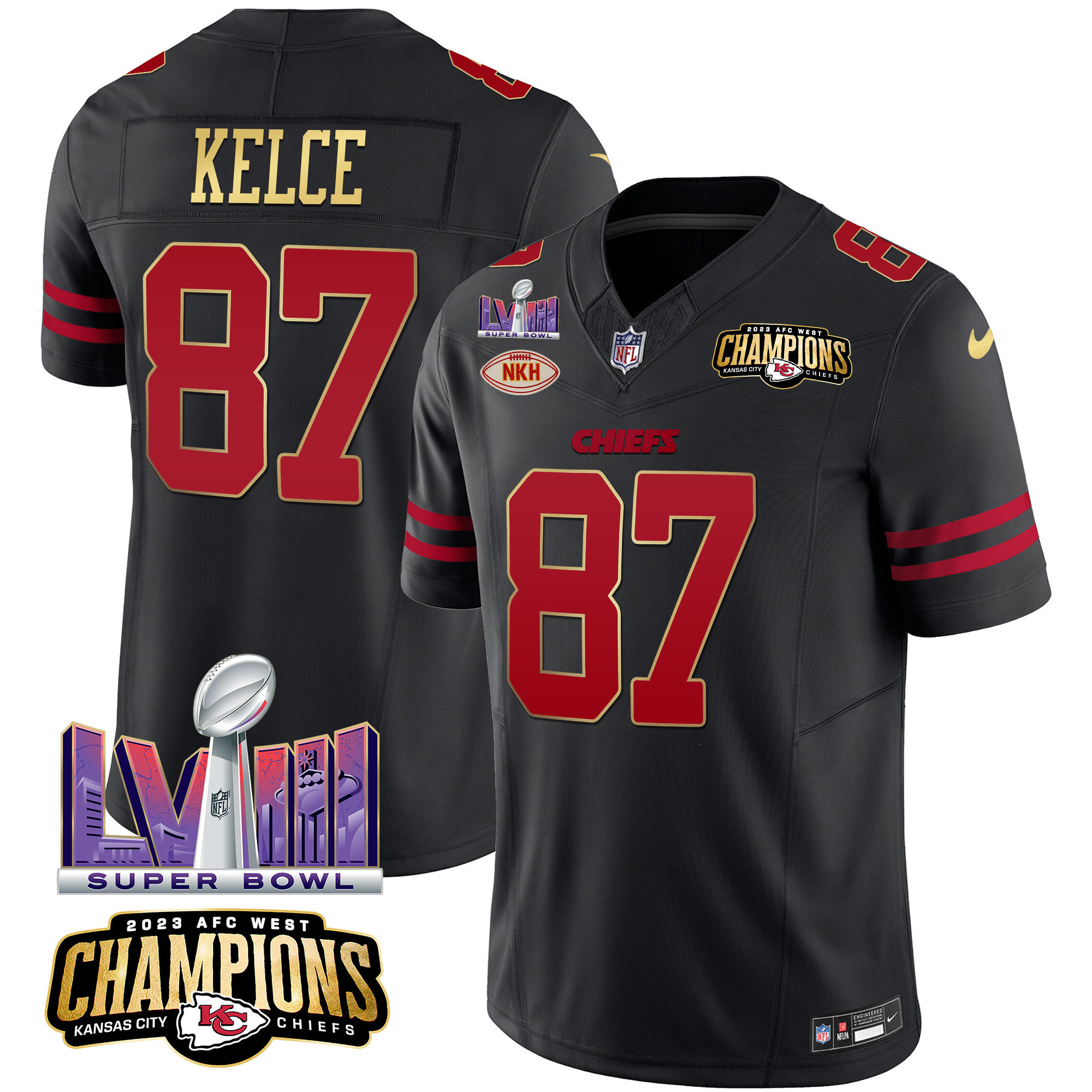 Travis Kelce Men's Kansas City Chiefs AFC West Champions & Super Bowl LVIII Patch Vapor Gold Trim Jersey - All Stitched