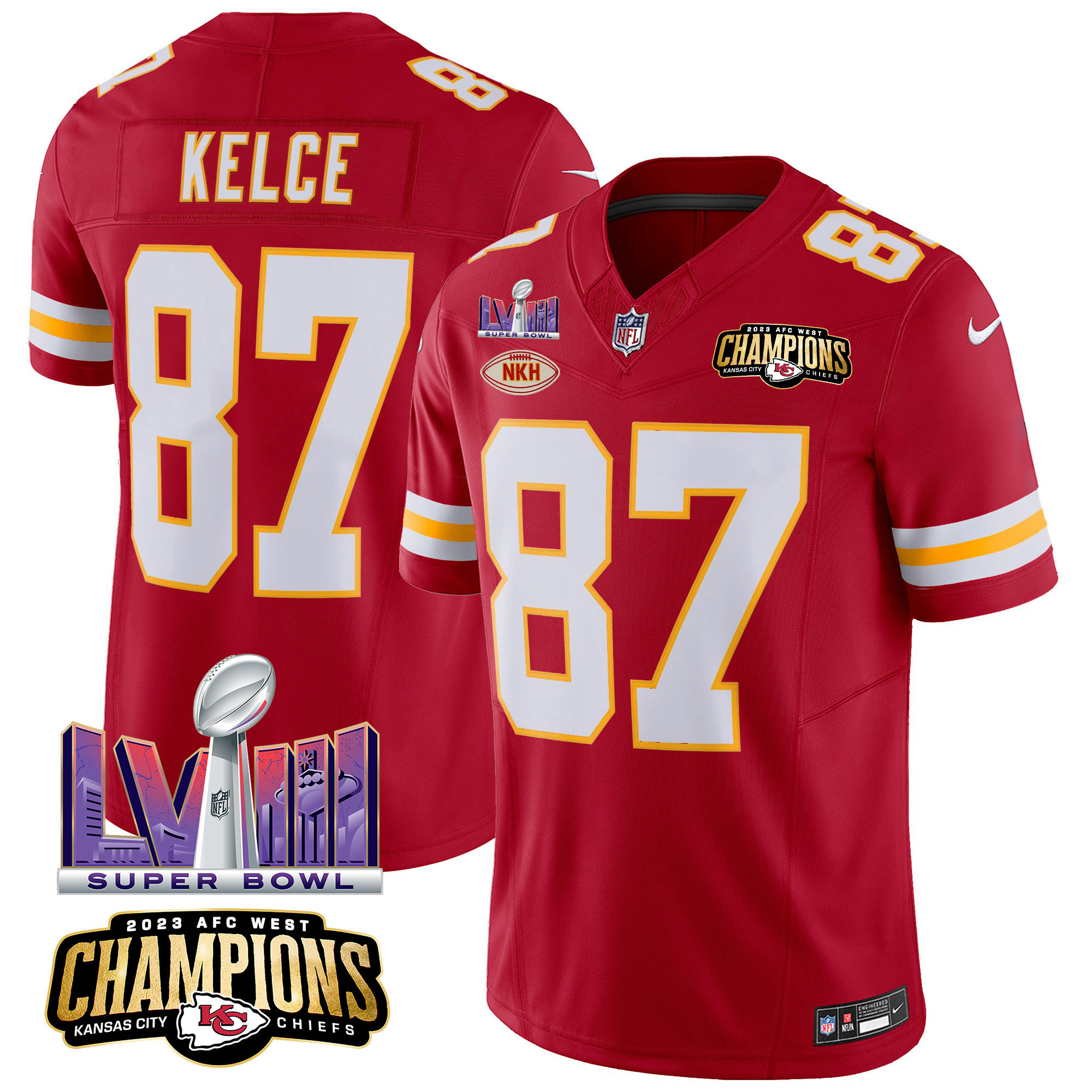Travis Kelce Men's Kansas City Chiefs AFC West Champions & Super Bowl LVIII Patch Vapor Red Jersey - All Stitched