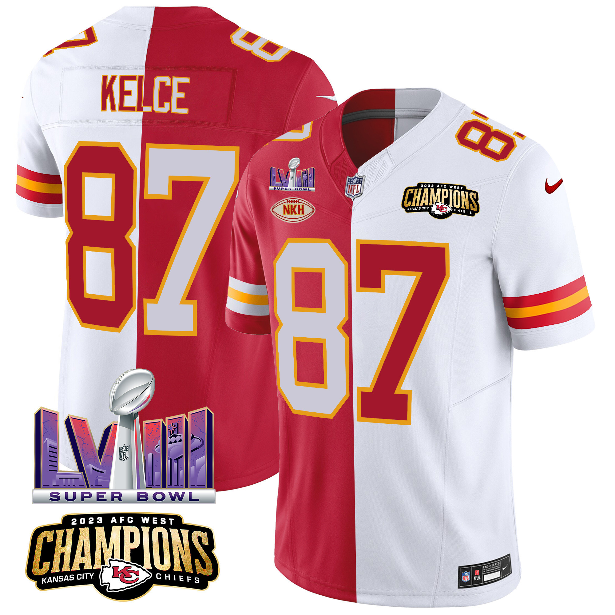 Travis Kelce Men's Kansas City Chiefs AFC West Champions & Super Bowl LVIII Patch Vapor Split Jersey - All Stitched