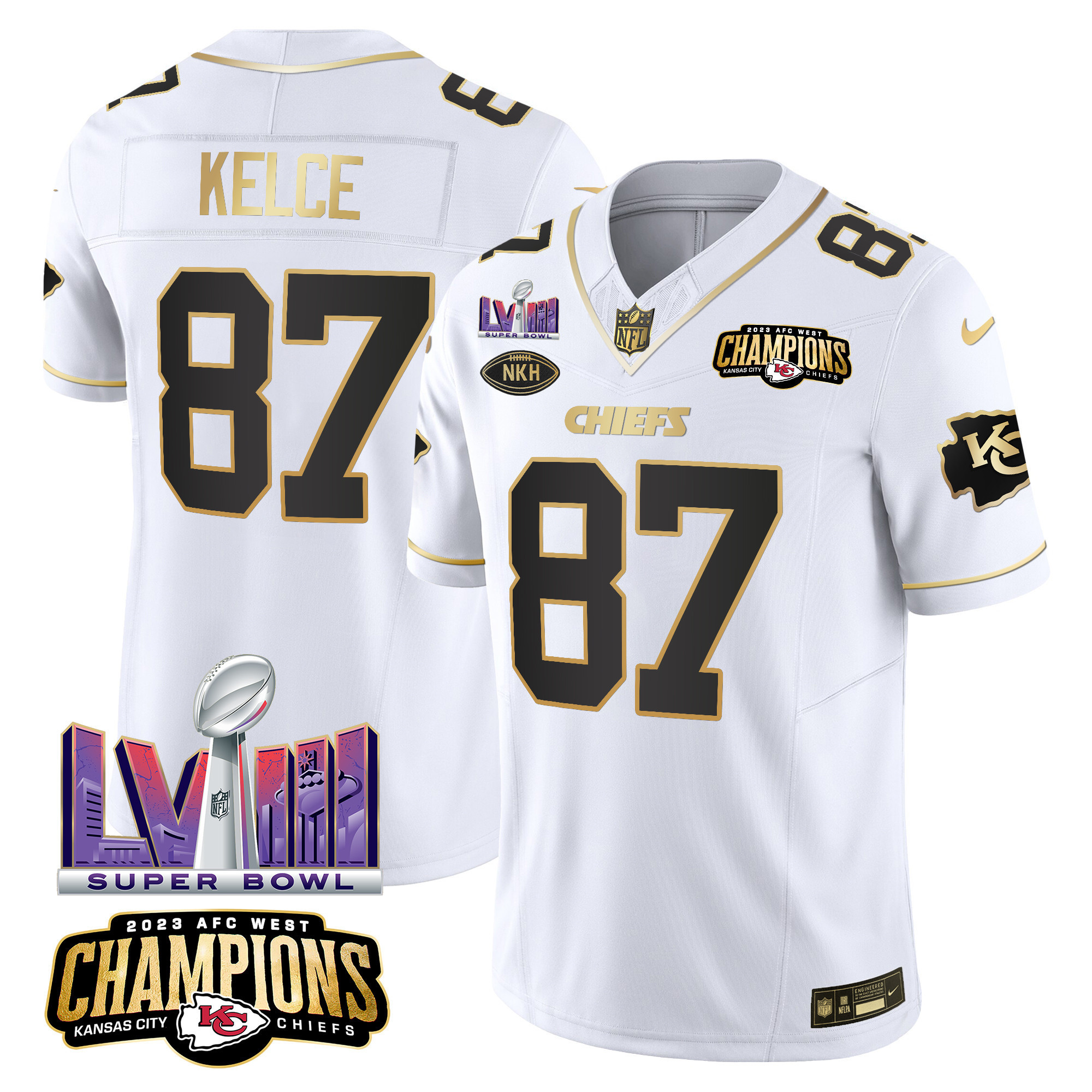 Travis Kelce Men's Kansas City Chiefs AFC West Champions & Super Bowl LVIII Patch Vapor White Gold Jersey - All Stitched