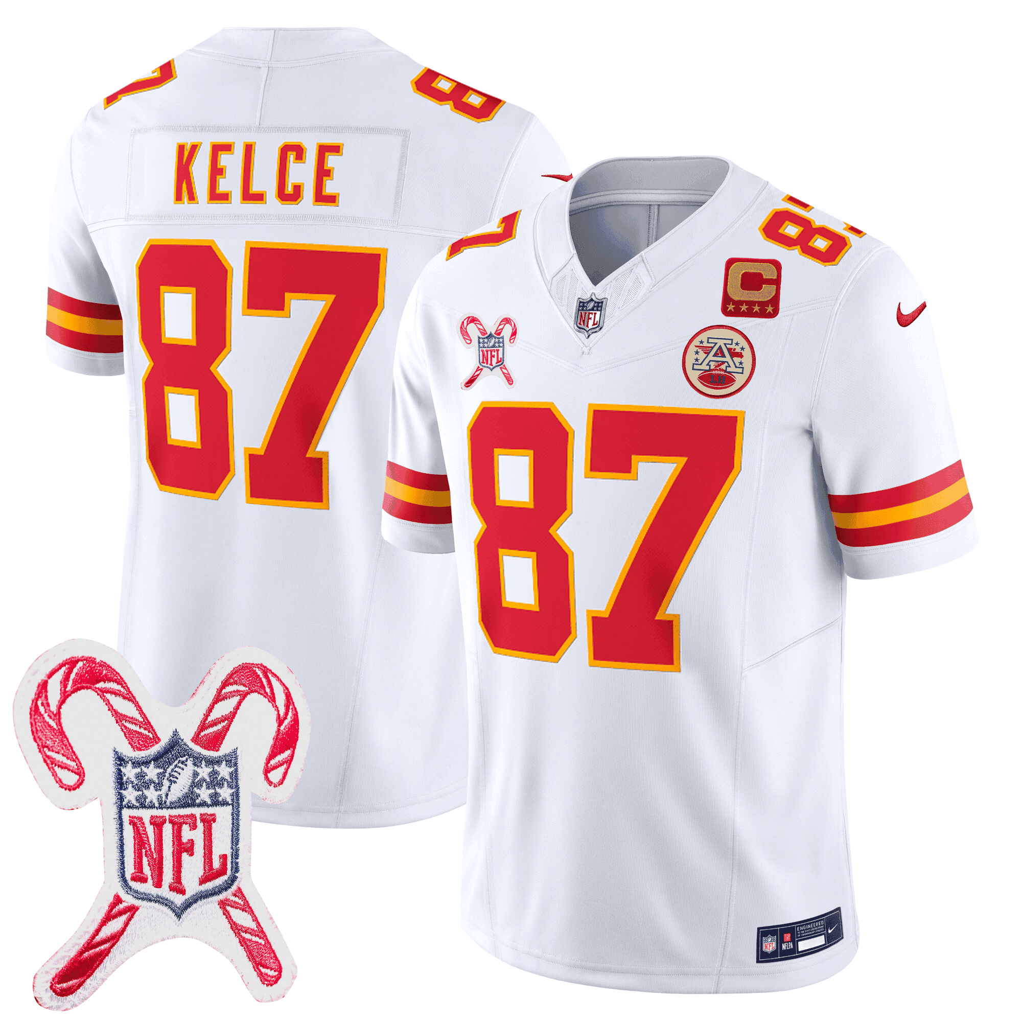 Travis Kelce Men's Kansas City Chiefs Christmas Patch Vapor Limited White Jersey - All Stitched